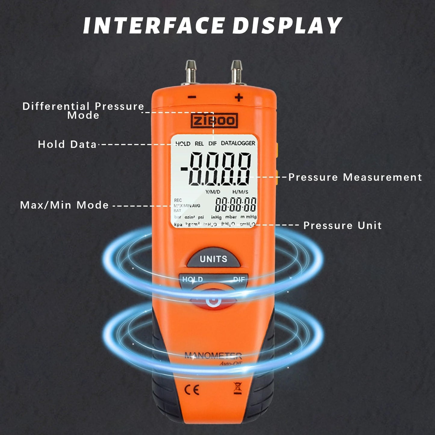 Digital Manometer For Air And Gas Pressure Testing With Dual Port Differential Gauge, 11 Units, Pro Grade Accuracy