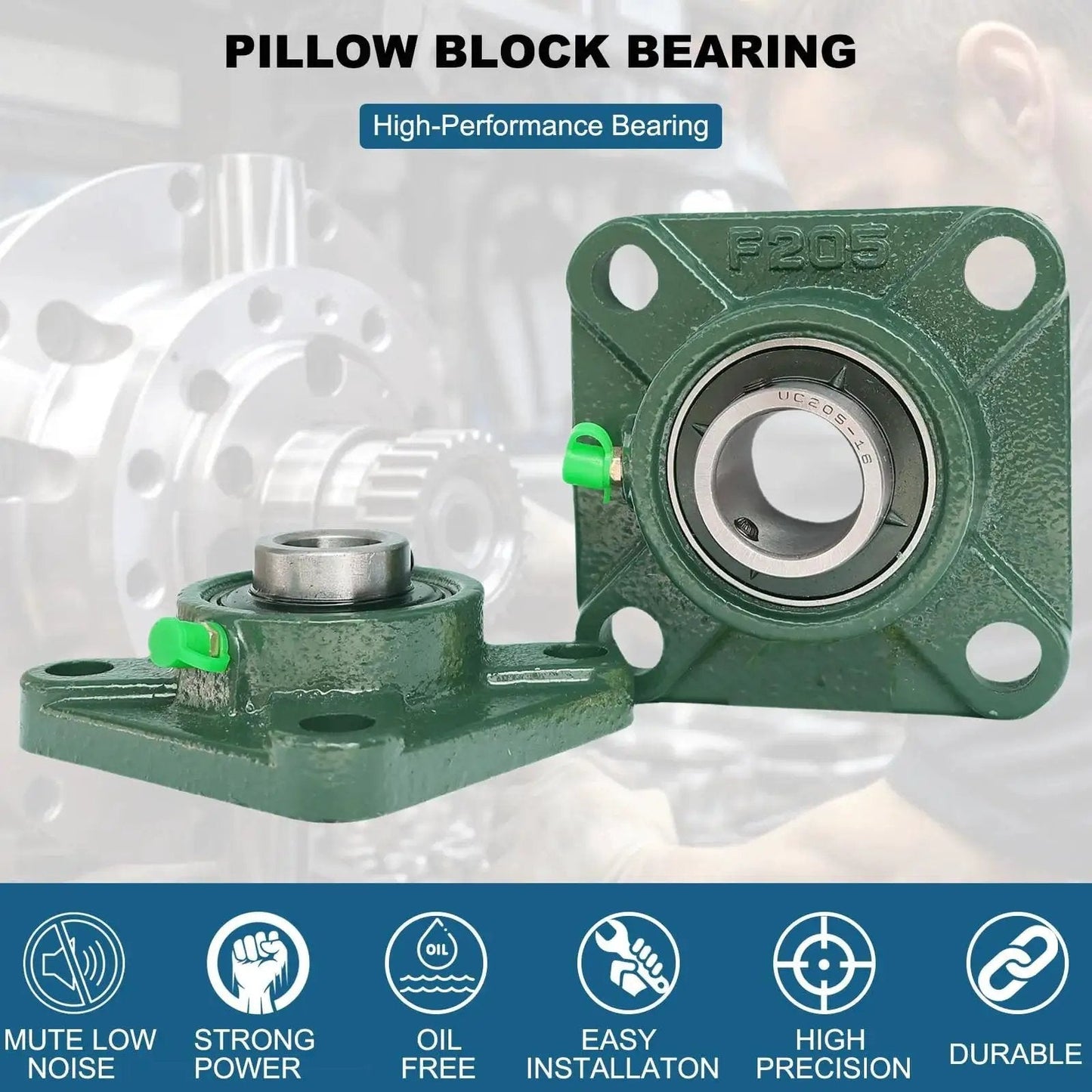 Four Pack UCF205-16 Pillow Block Bearing Set With Square Flange Four Bolt Mount, Bearing Steel Construction, 1 Inch Bore, Self Alignment
