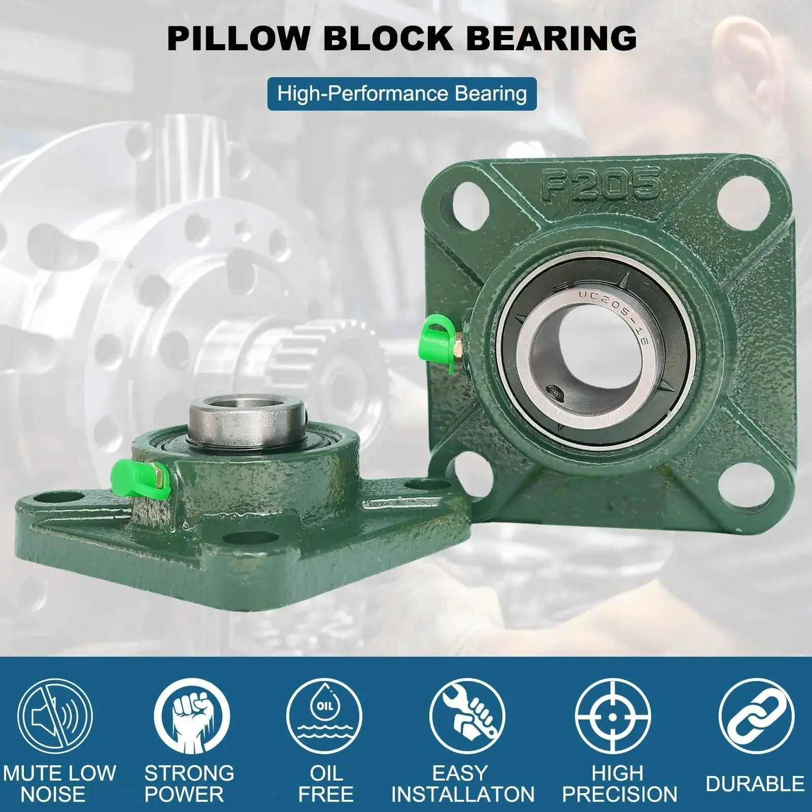 Four Pack UCF205-16 Pillow Block Bearing Set With Square Flange Four Bolt Mount, Bearing Steel Construction, 1 Inch Bore, Self Alignment