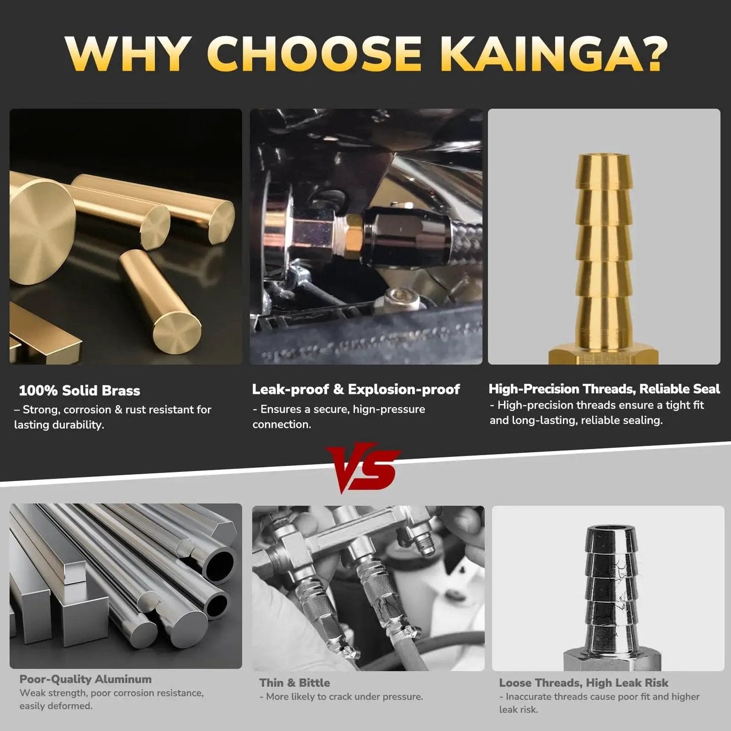 Why Choose KAINGA? Brass fittings and valves for durability and leak-proof performance versus poor-quality materials.