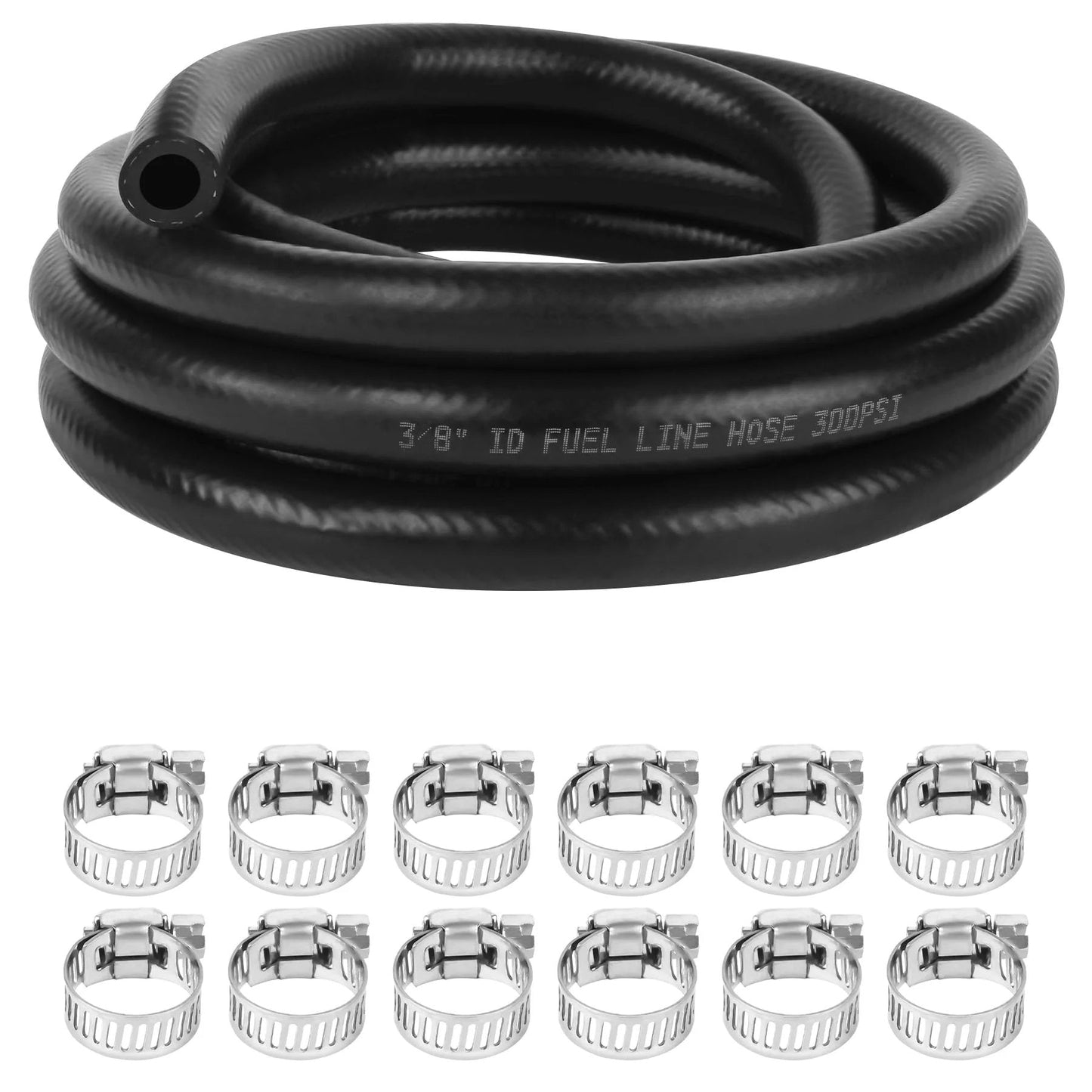 Image of Three Eighths Inch ID Fuel Line Hose 10 Ft NBR Rubber Heavy Duty High Pressure 300 PSI with 12 Clamps for automotive fuel systems.
