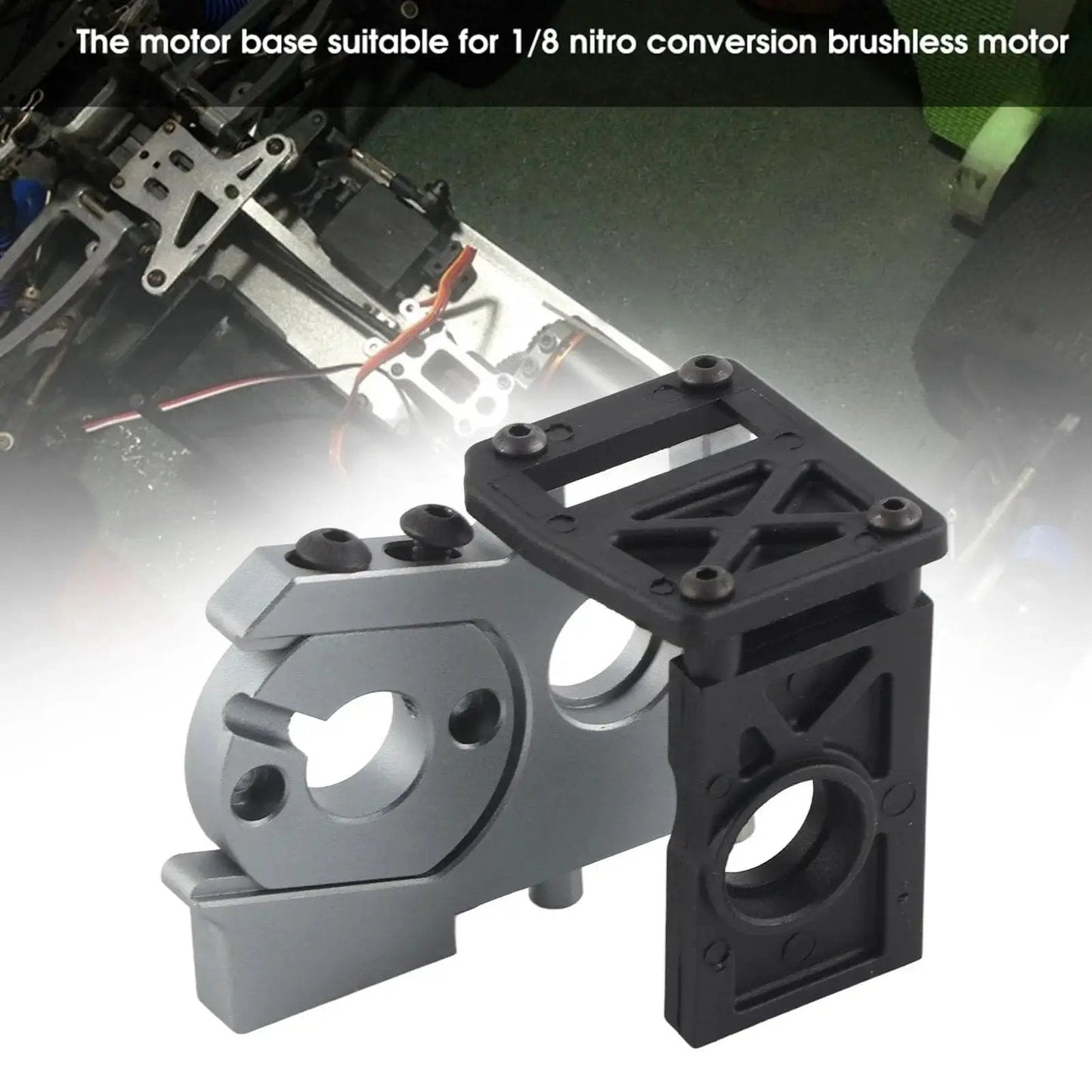 Brushless Motor Mounting Holder For One Eighth RC Car Tmaxx Conversion Kit, showing aluminum and black materials