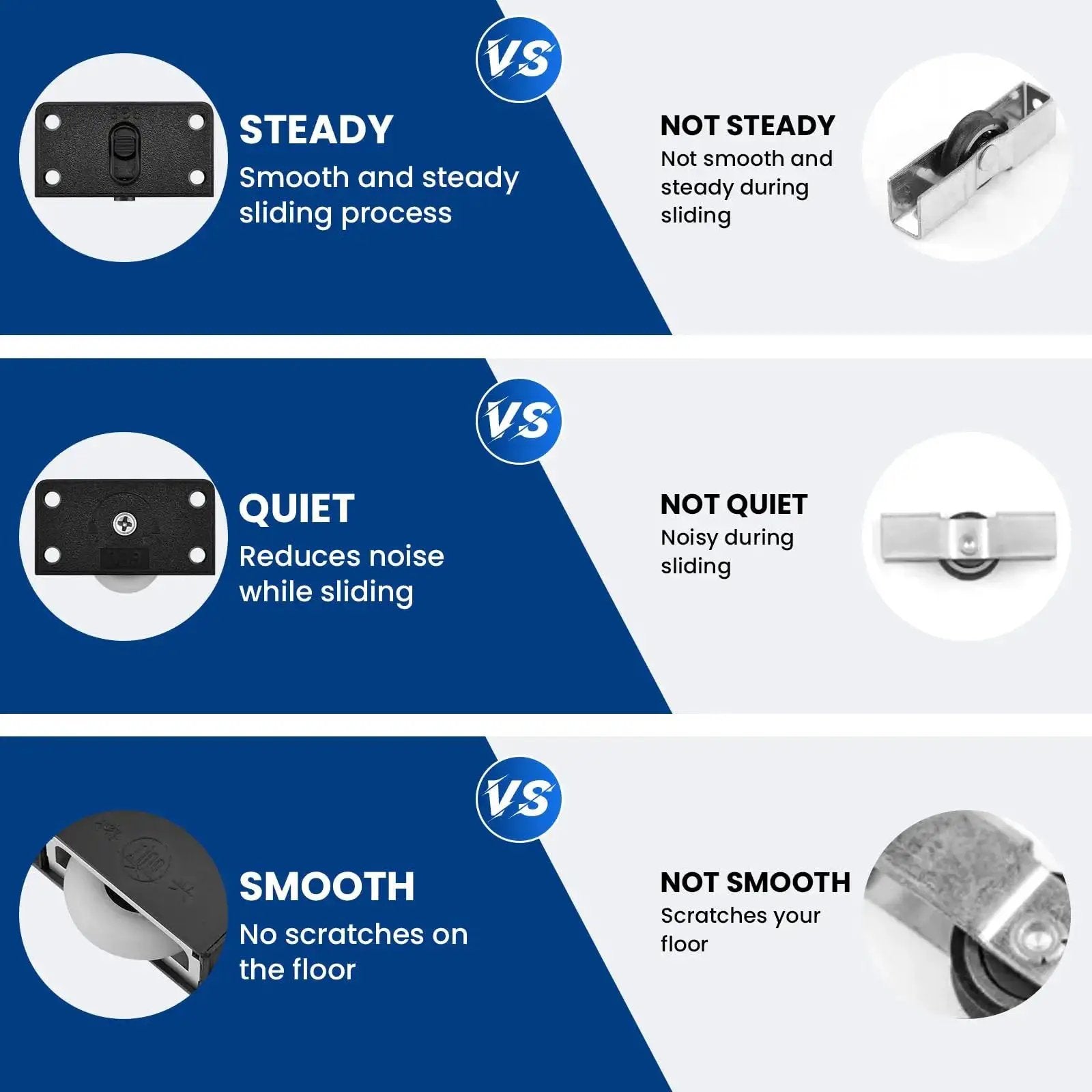Comparison chart showing benefits of Cabinet Door Sliding Silent Plastic Roller Pulleys Set for smooth, quiet door operation