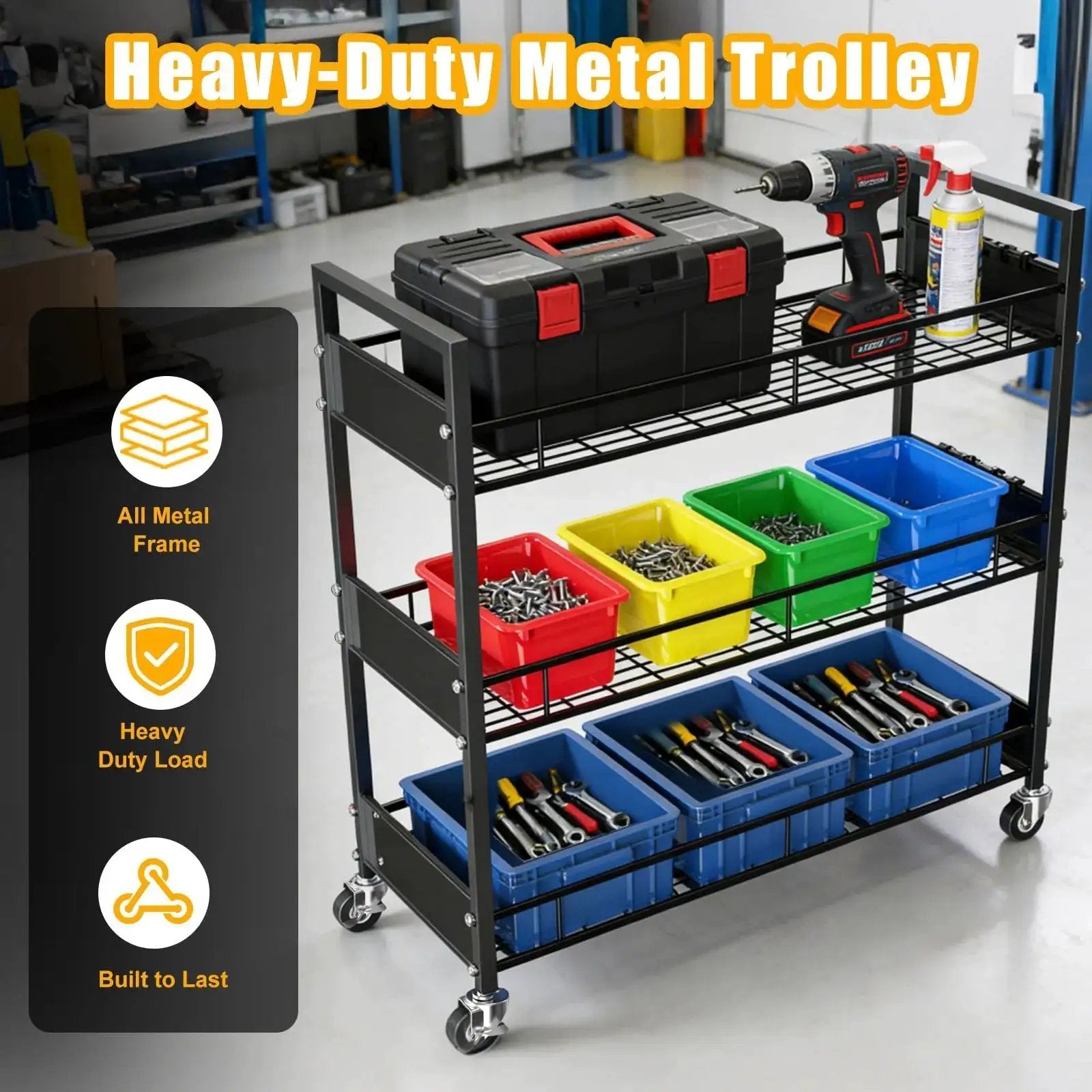 Heavy Duty 3 Tier Metal Utility Cart With Locking Casters And 330 Lbs Load Capacity in workshop setting