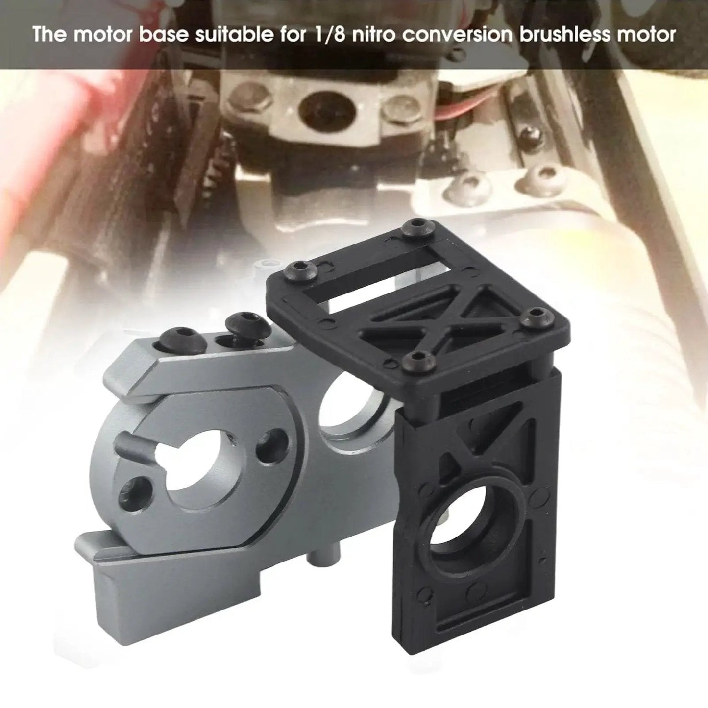 Brushless Motor Mounting Holder For One Eighth RC Car Tmaxx Conversion Kit showing aluminum and black parts for installation.