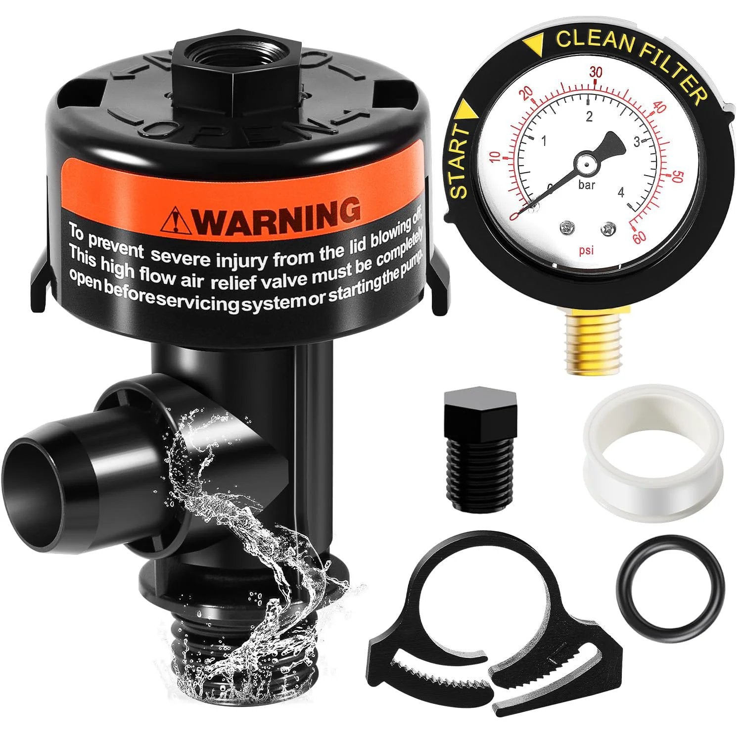 High Flow Manual Relief Valve With Integrated Pressure Gauge For Pool And Spa Cartridge Filters Replacement shown with components