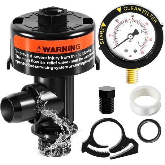 High Flow Manual Relief Valve With Integrated Pressure Gauge For Pool And Spa Cartridge Filters Replacement shown with components
