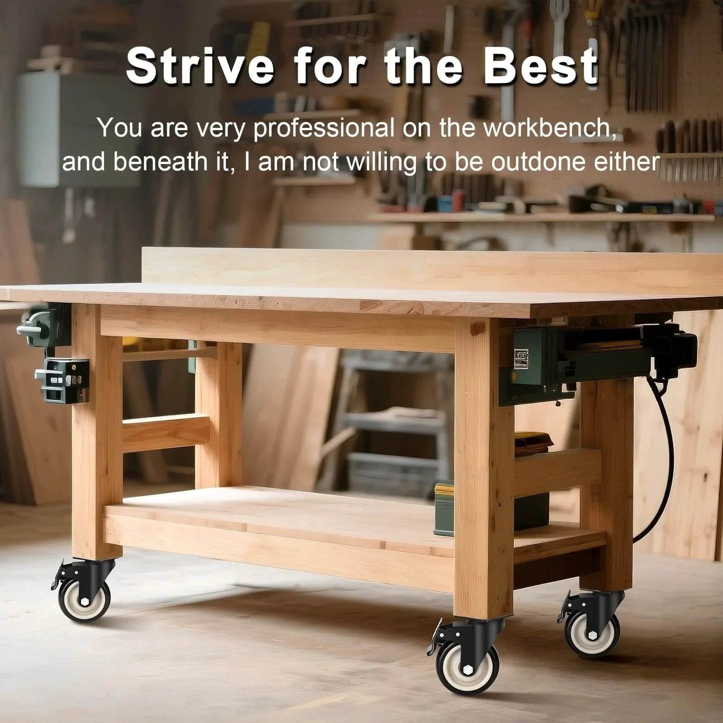 Wooden workbench on 4 Inch Heavy Duty Industrial Caster Wheels Set Of 4 With Dual Locking Brakes, 2200 Lbs Capacity for Cart and Workbench.