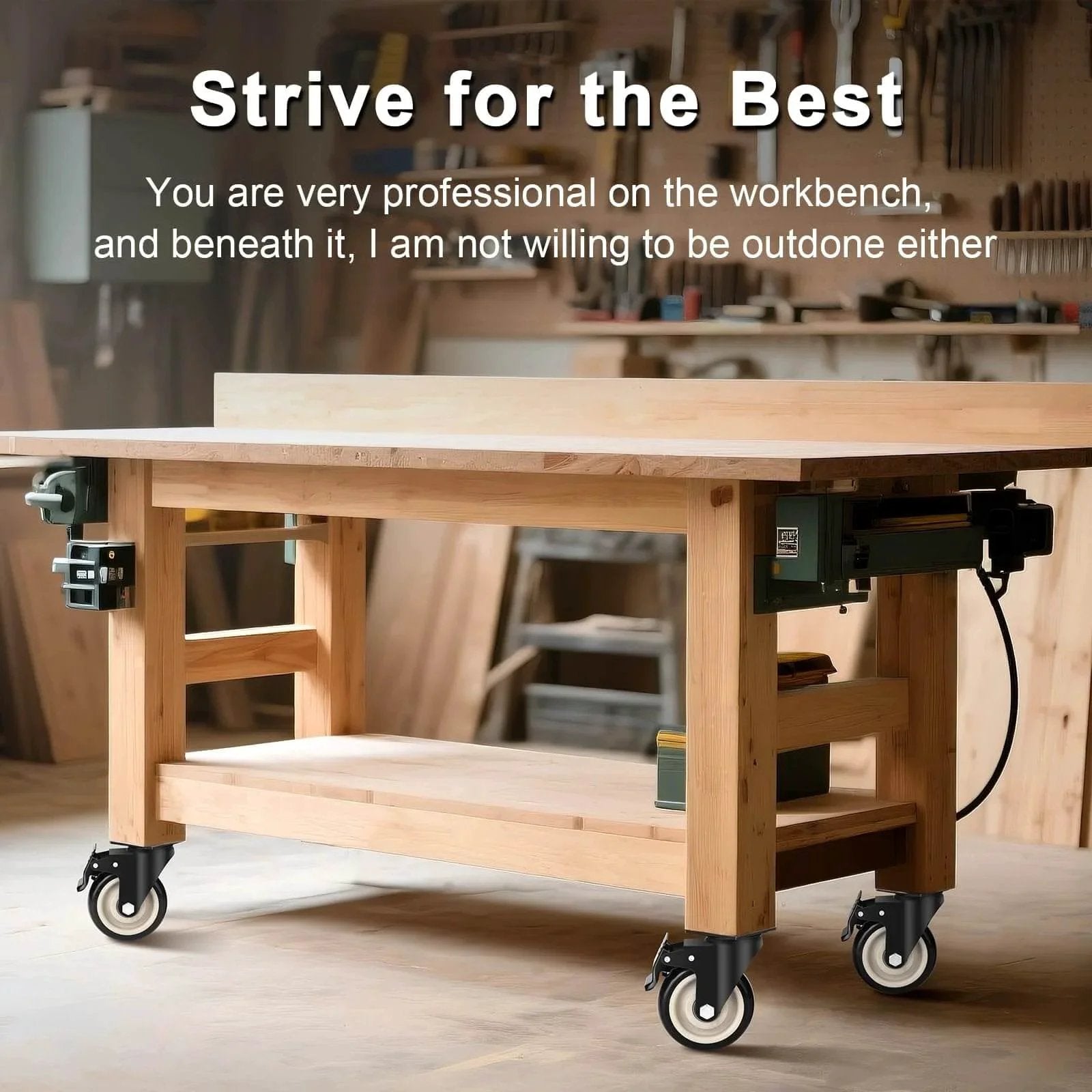 Wooden workbench on 4 Inch Heavy Duty Industrial Caster Wheels Set Of 4 With Dual Locking Brakes, 2200 Lbs Capacity for Cart and Workbench.
