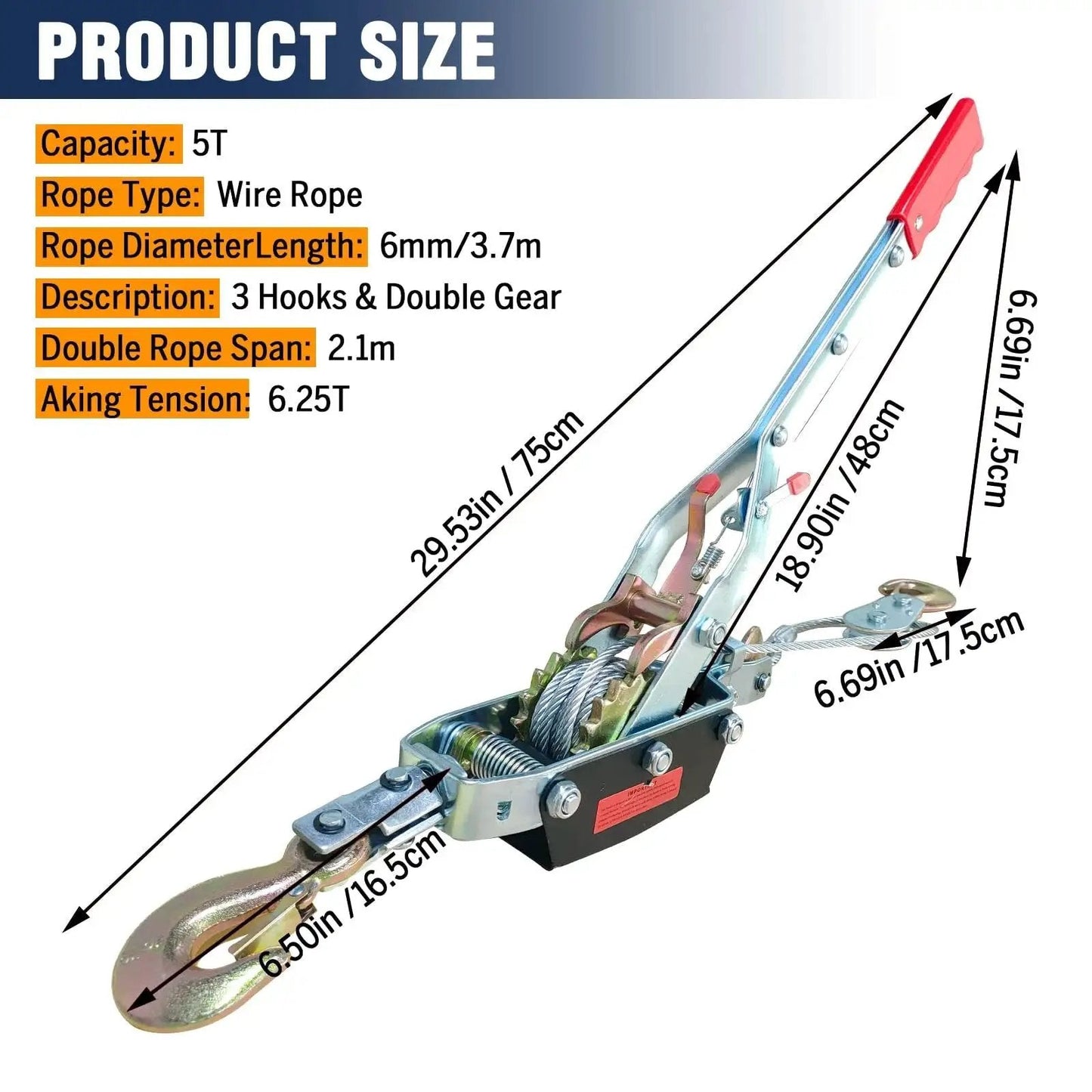 Image showing the 5 Ton Come Along Winch with Dual Gear Ratchet for Vehicle Recovery 12ft Cable, featuring capacity and dimensions.