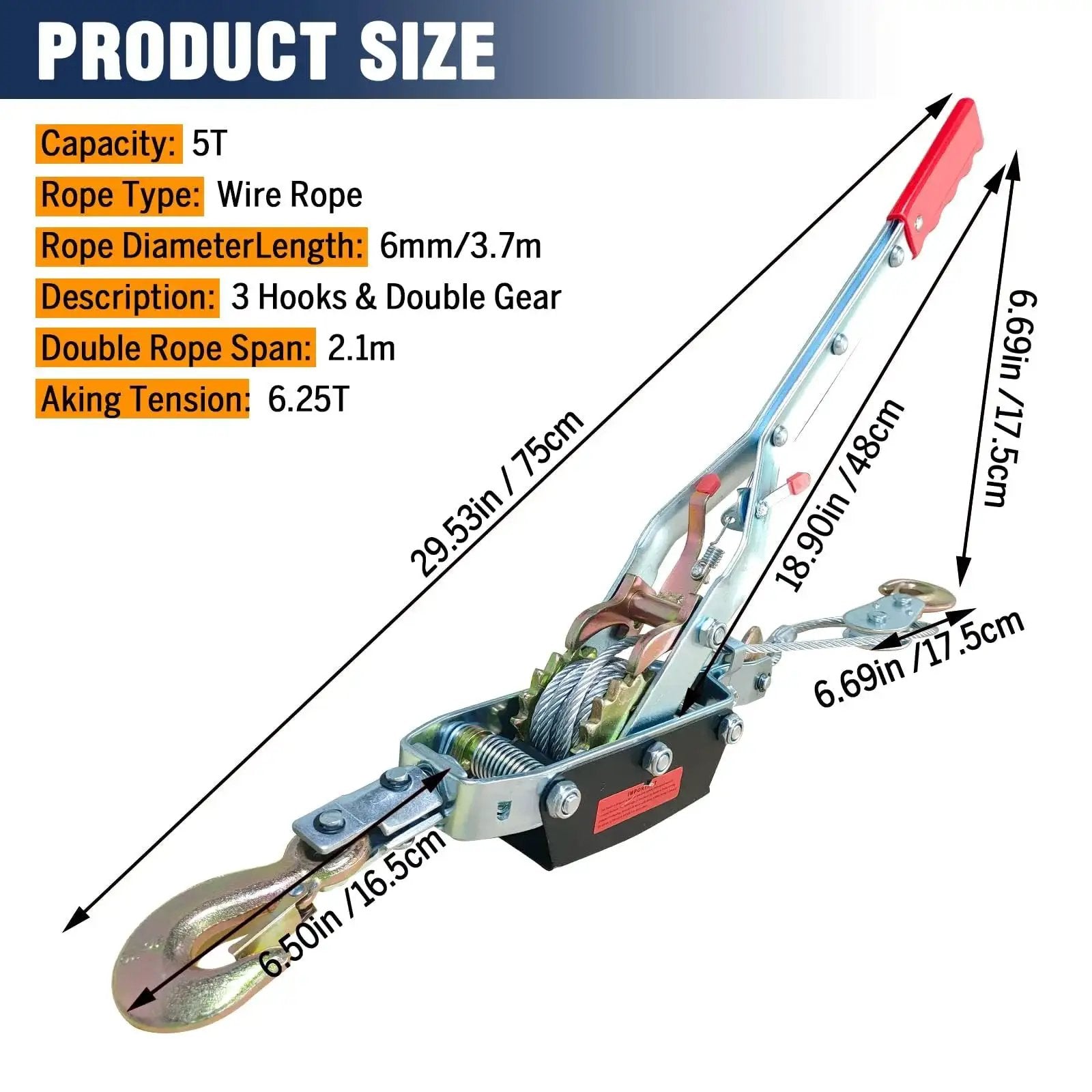 Image showing the 5 Ton Come Along Winch with Dual Gear Ratchet for Vehicle Recovery 12ft Cable, featuring capacity and dimensions.