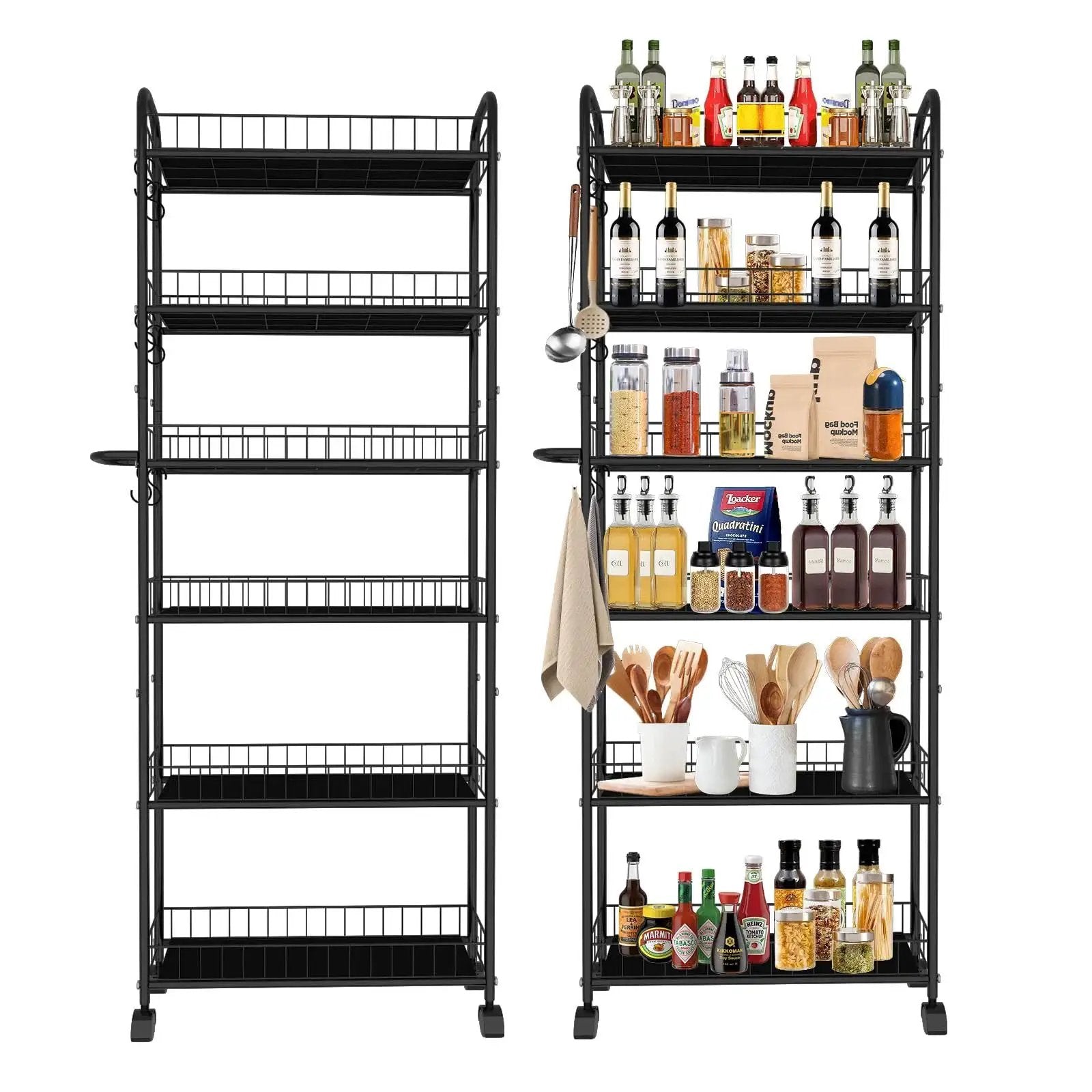 Six Tier Ultra Slim 6 Inch Depth Rolling Storage Cart On Wheels With Handle For Narrow Spaces Ideal Between Appliances In Small Corners Kitchen Bathroom Laundry Office Metal Wire Mobile Organizer Rack with items displayed.