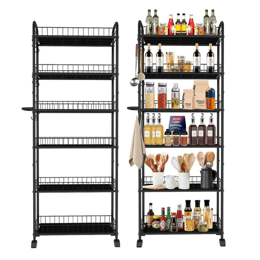 Six Tier Ultra Slim 6 Inch Depth Rolling Storage Cart On Wheels With Handle For Narrow Spaces Ideal Between Appliances In Small Corners Kitchen Bathroom Laundry Office Metal Wire Mobile Organizer Rack with items displayed.
