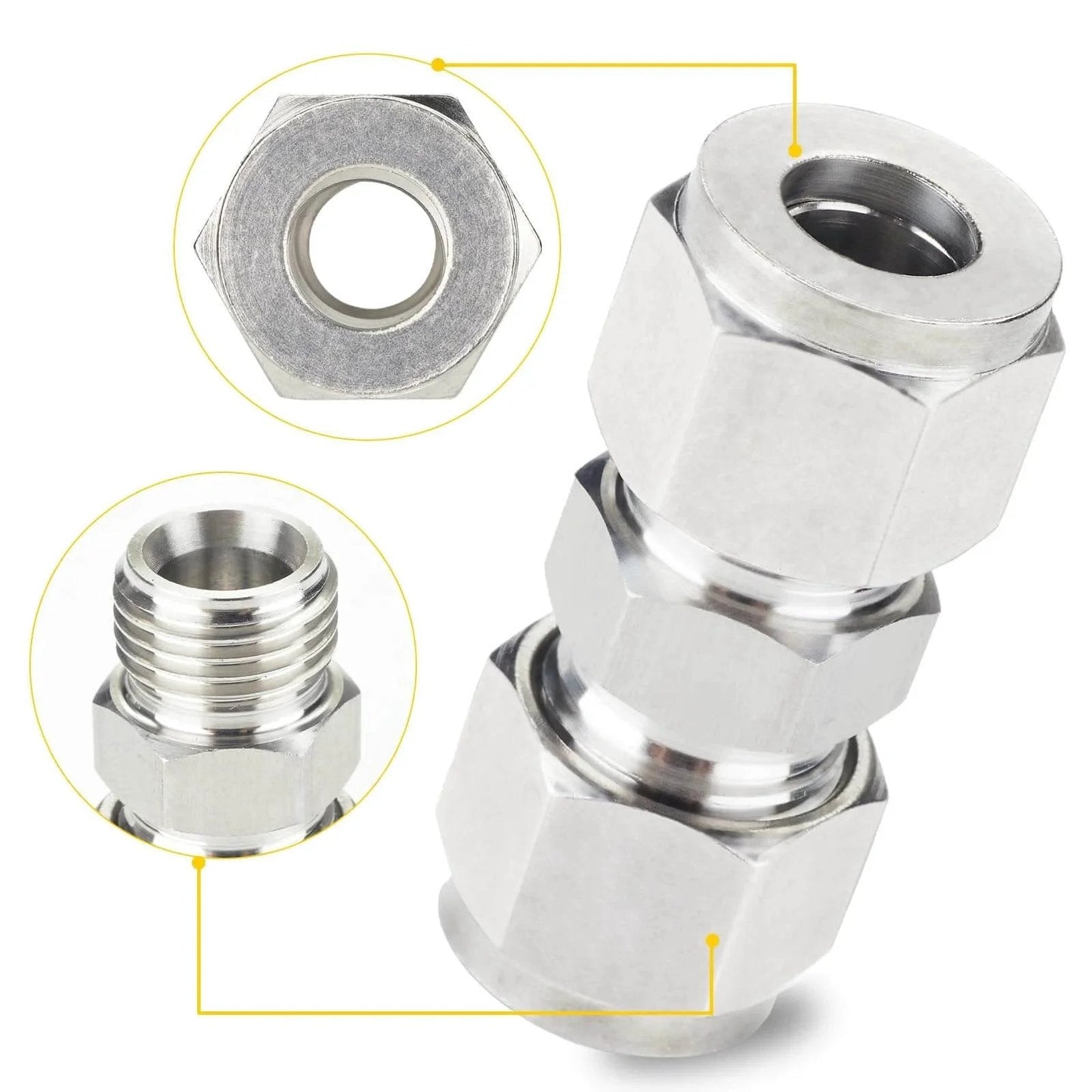 304 Stainless Steel Compression Tube Fitting Union For Three Eighths Inch Outside Diameter Tubing, close-up view of hex and thread design