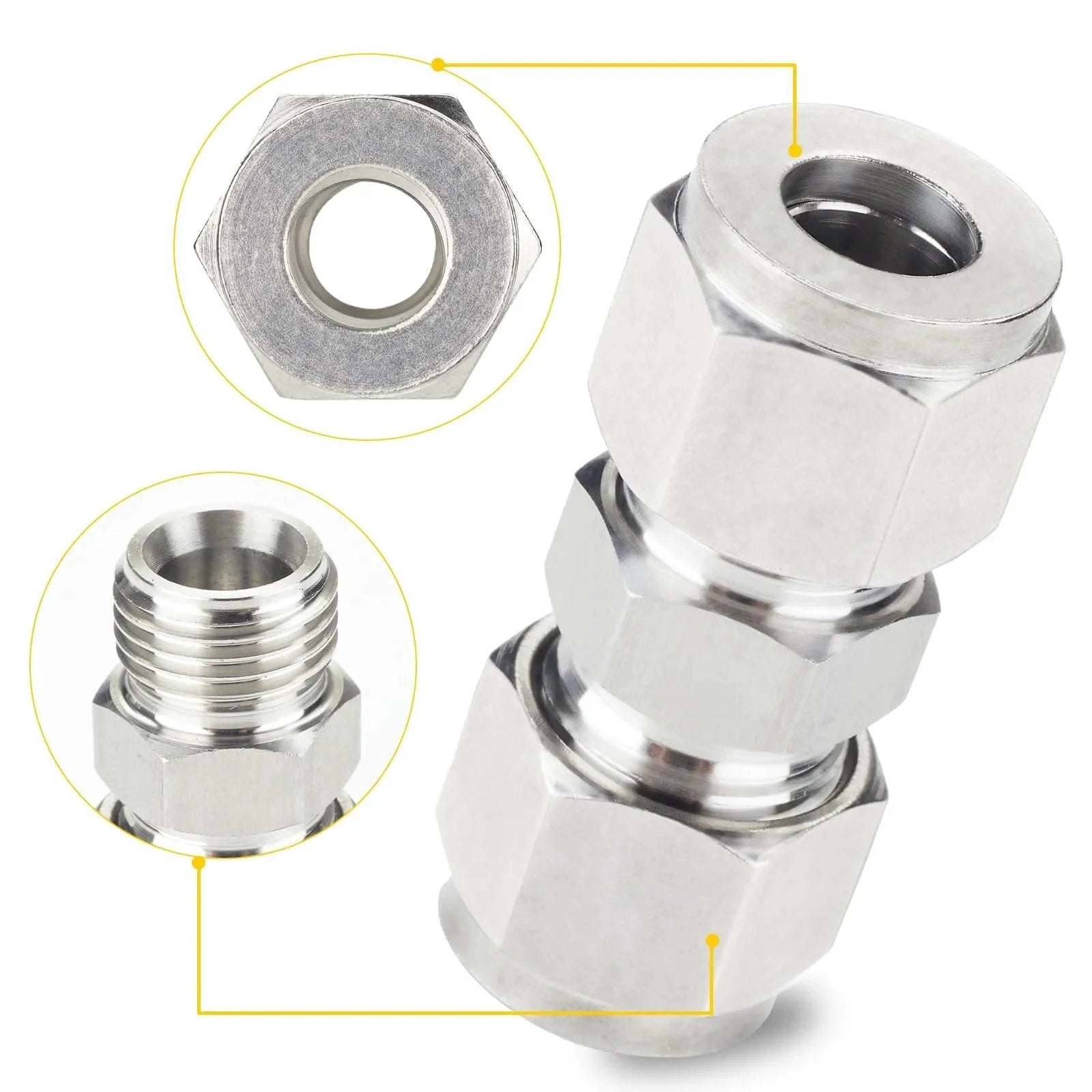 304 Stainless Steel Compression Tube Fitting Union For Three Eighths Inch Outside Diameter Tubing, close-up view of hex and thread design
