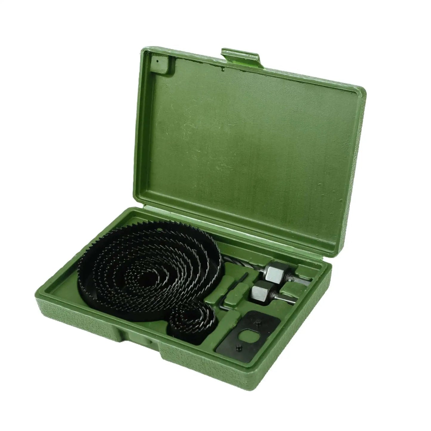 Bi Metal Hole Saw Set With 16 Pieces For Wood PVC And More From Jadever Three Quarters To Five Inch Range Includes Twelve Blades Two Mandrels Drive Plate And Hex Key Pro Grade HSS Bi Metal Construction in green box