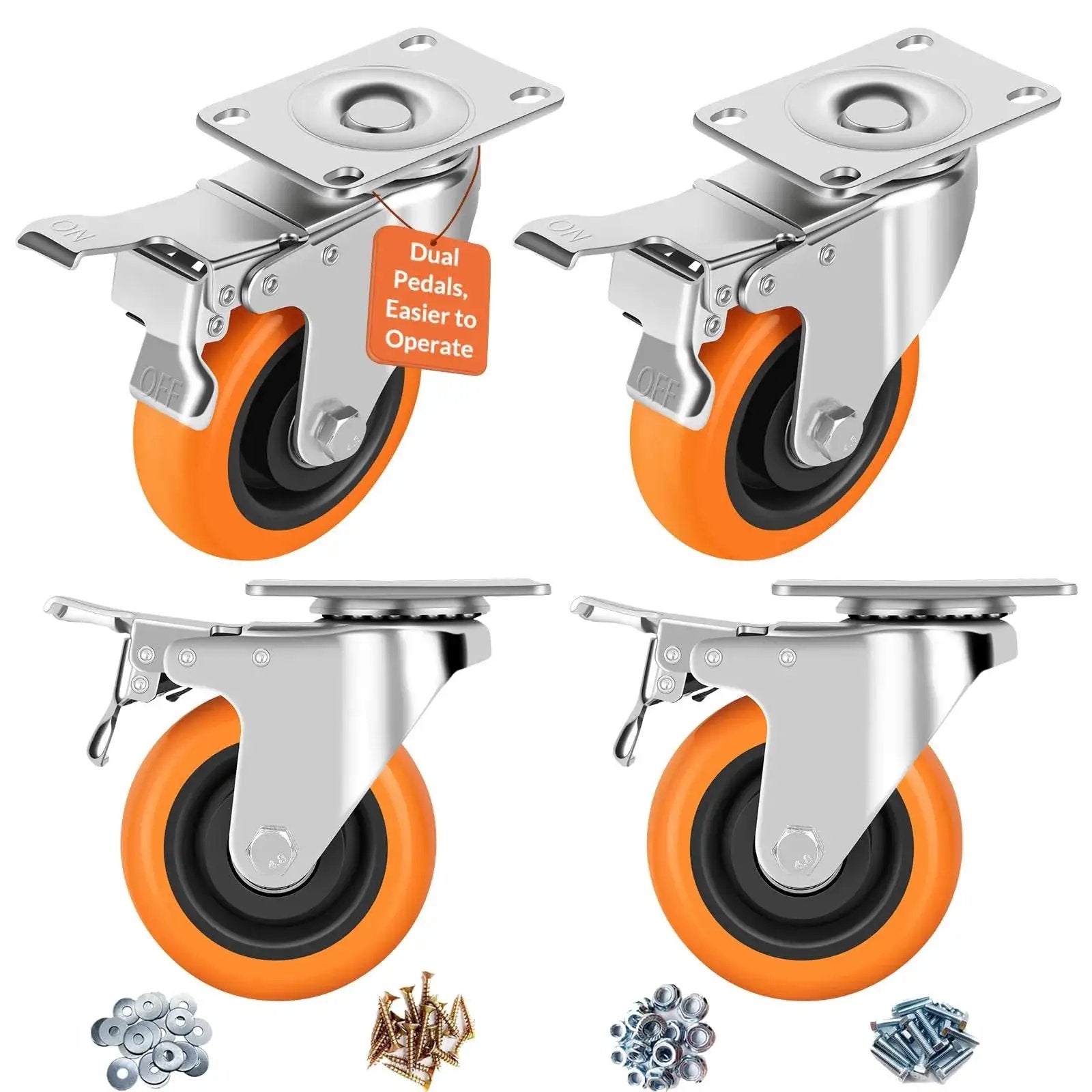 4 Inch Heavy Duty Caster Wheels Set Of 4 With Dual Pedal Locking Brakes for carts and workbenches; includes assembly hardware