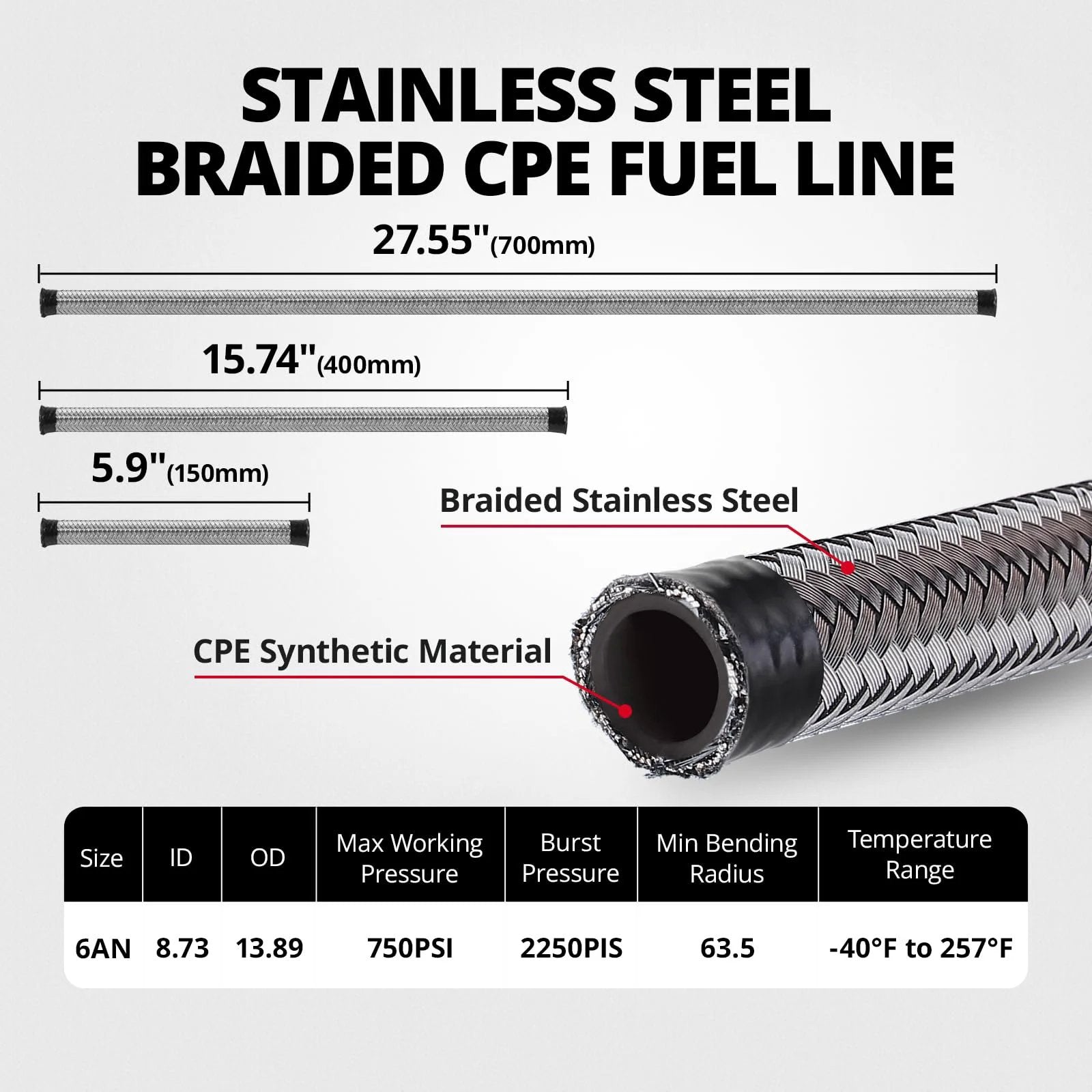 Stainless steel braided CPE fuel line, 6AN size, 27.55 inches long, nylon braided, not compatible with E85 ethanol.