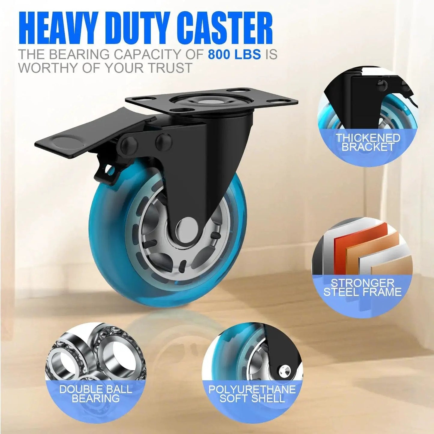 2 Inch Plate Caster Wheels Set Of 4 Heavy Duty With Brakes Up To 800 Lbs No Noise Polyurethane Castors 360 Degree Swivel