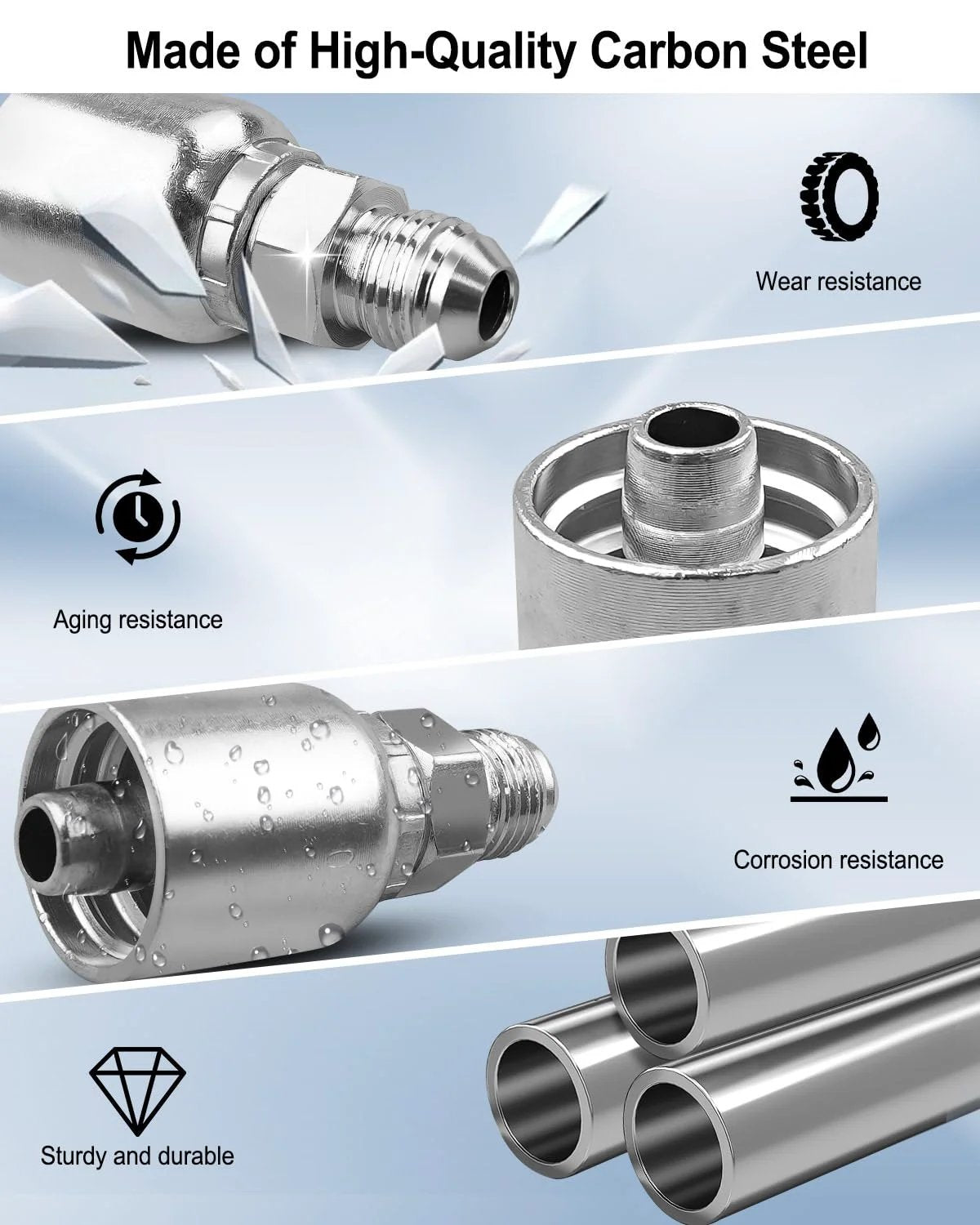 12Pcs 3/8 Inch Hydraulic Hose End Fittings Set for 37 Degree JIC Crimp, 3/8 Inch Female End and 37 Degree Male End, Fits Dayco Weatherhead U-Series Adjustable Crimpers, Carbon Steel, showing wear resistance, aging resistance, and corrosion resistance features.