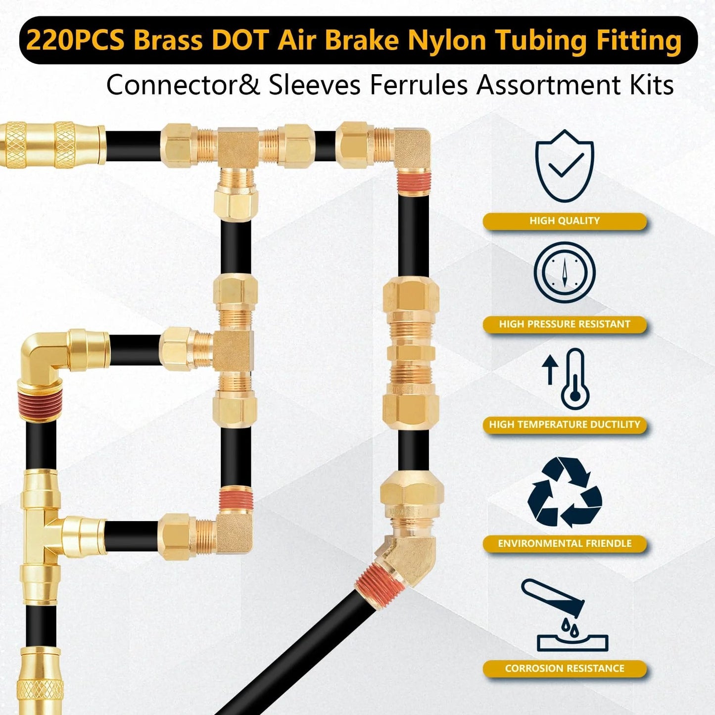 220 Pcs Brass DOT Air Brake Nylon Tubing Fitting Kit showing connectors and ferrules for air brakes.