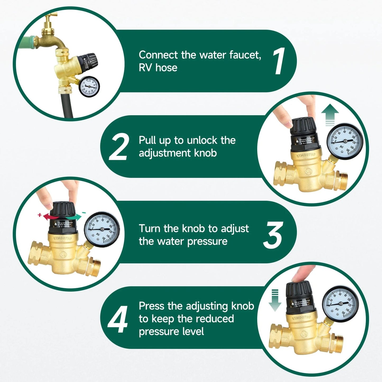 Brass Lead Free RV Water Pressure Regulator For Camper With 0-160 PSI Adjustable Gauge steps for installation and adjustment
