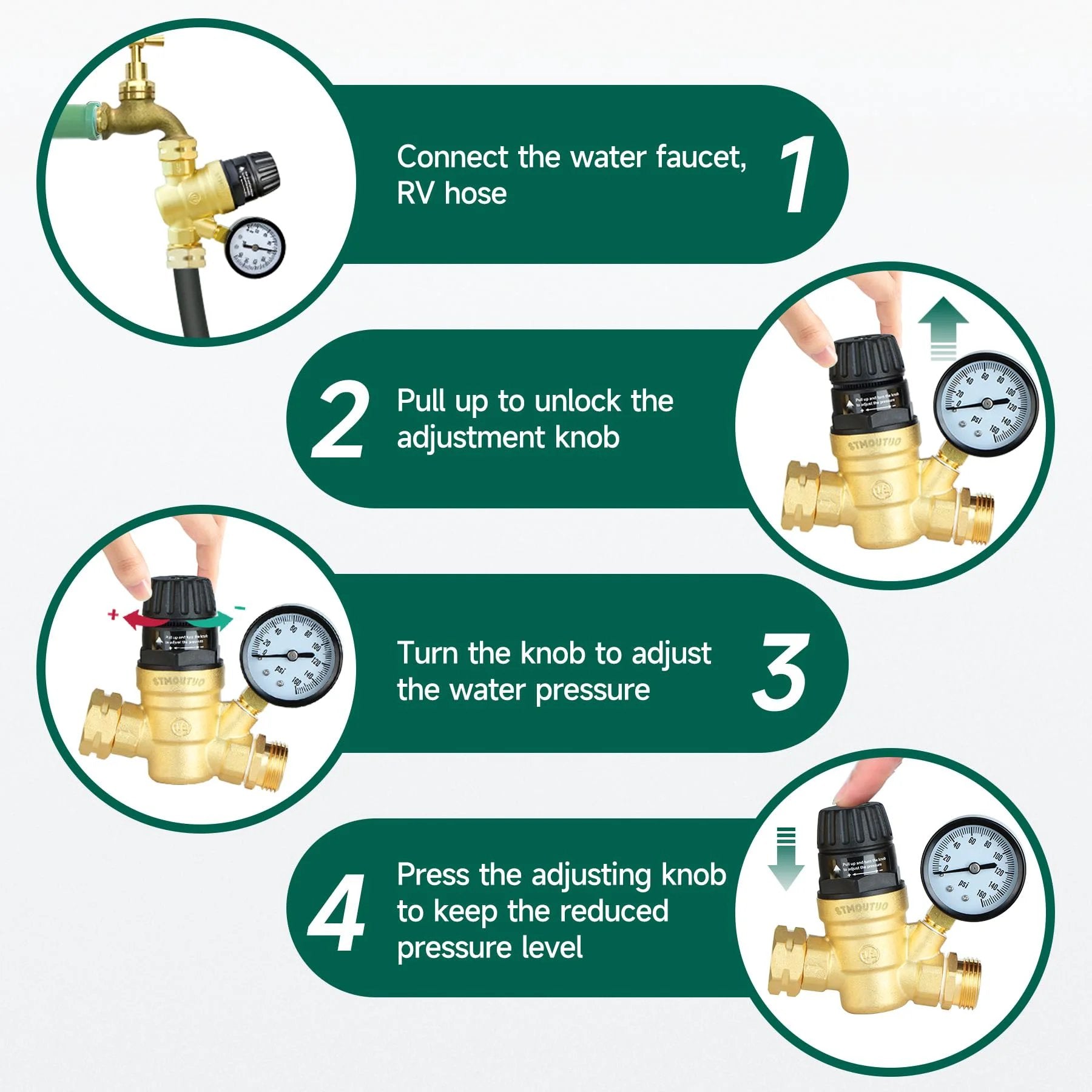 Brass Lead Free RV Water Pressure Regulator For Camper With 0-160 PSI Adjustable Gauge steps for installation and adjustment