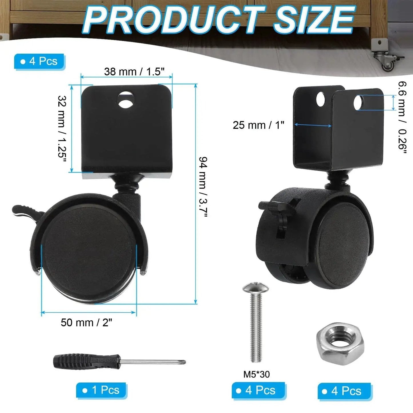 Dimensions of 2 Inch Swivel Caster With Brake For Furniture Legs Four Pack 360 Degree Rotation Quiet Wheel U Bracket 1 Inch Inner Width 50mm Diameter Supports Total Load Up To 132 Lbs With 44 Lbs Per Caster, shown with tools and hardware.