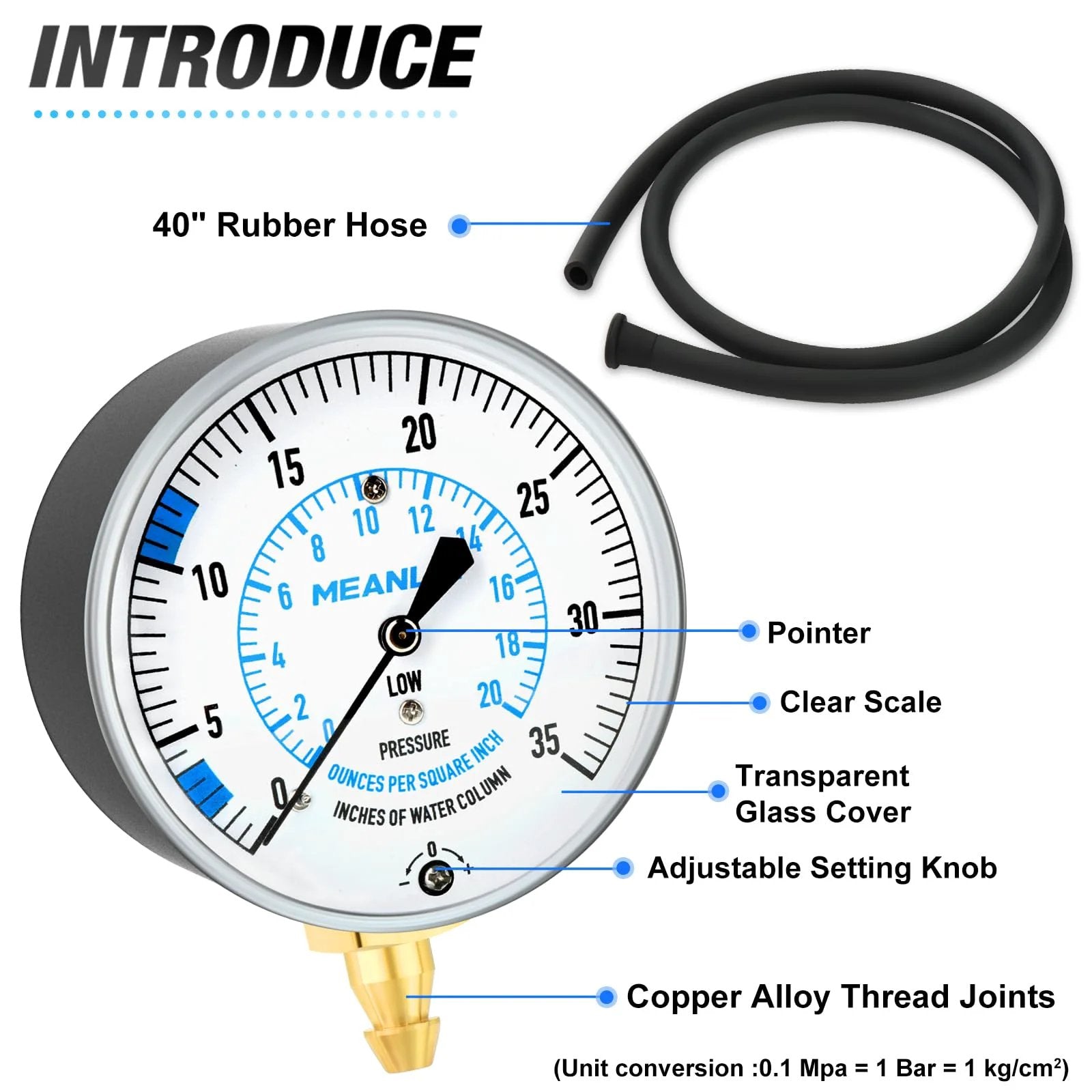 Gas Pressure Test Kit For Natural Gas And LP Gas With 40 Inch Hose Zero To Thirty Five In WC Range One Eighth Inch NPT Fitting With Barbed Connection And Hex Bushing Two And One Quarter Inch Dial Gauge Easy Quick Connect By Meanlin showing dial gauge and hose