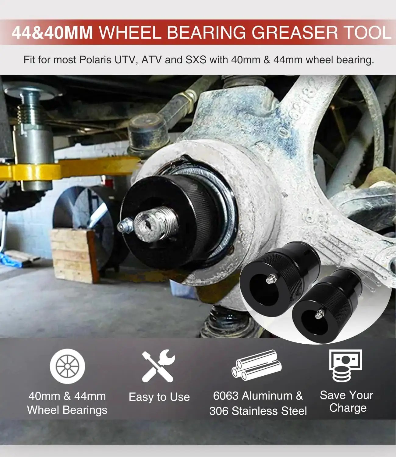 40mm and 44mm front and rear wheel bearing greaser tool kit installed on Polaris ATV UTV SXS