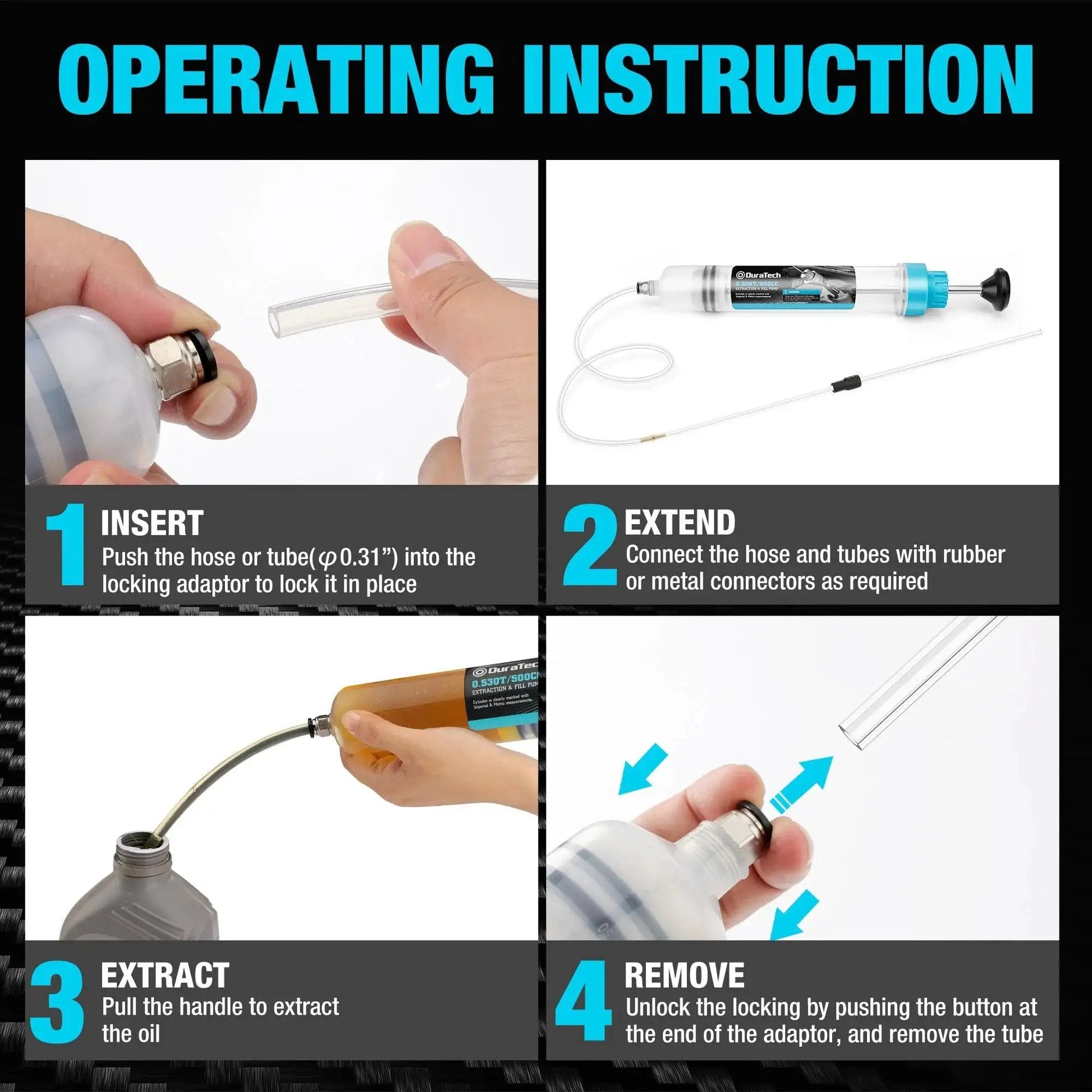 Operating instructions for 500cc Fluid Extractor With Long Hose And Extension Tubes For Brake Fluid And Oil, showing assembly and use steps.