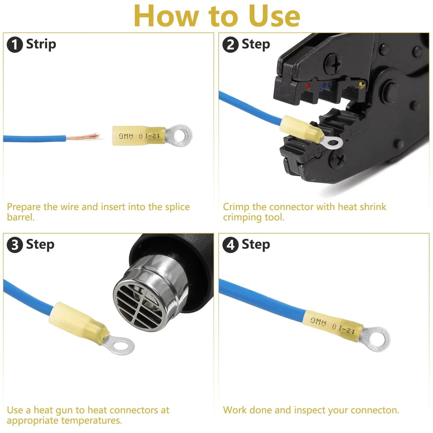Installation steps for Heat Shrink Ring Terminals For 12 To 10 AWG Wire, 100 Pcs Insulated Eyelet Connectors, Marine Grade Ring Terminals.