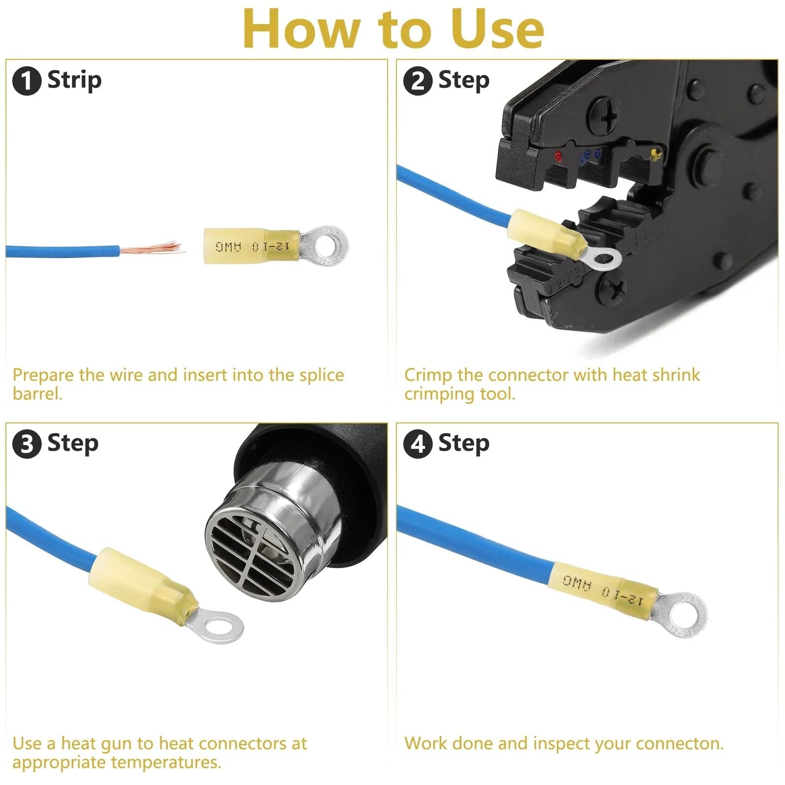 Installation steps for Heat Shrink Ring Terminals For 12 To 10 AWG Wire, 100 Pcs Insulated Eyelet Connectors, Marine Grade Ring Terminals.