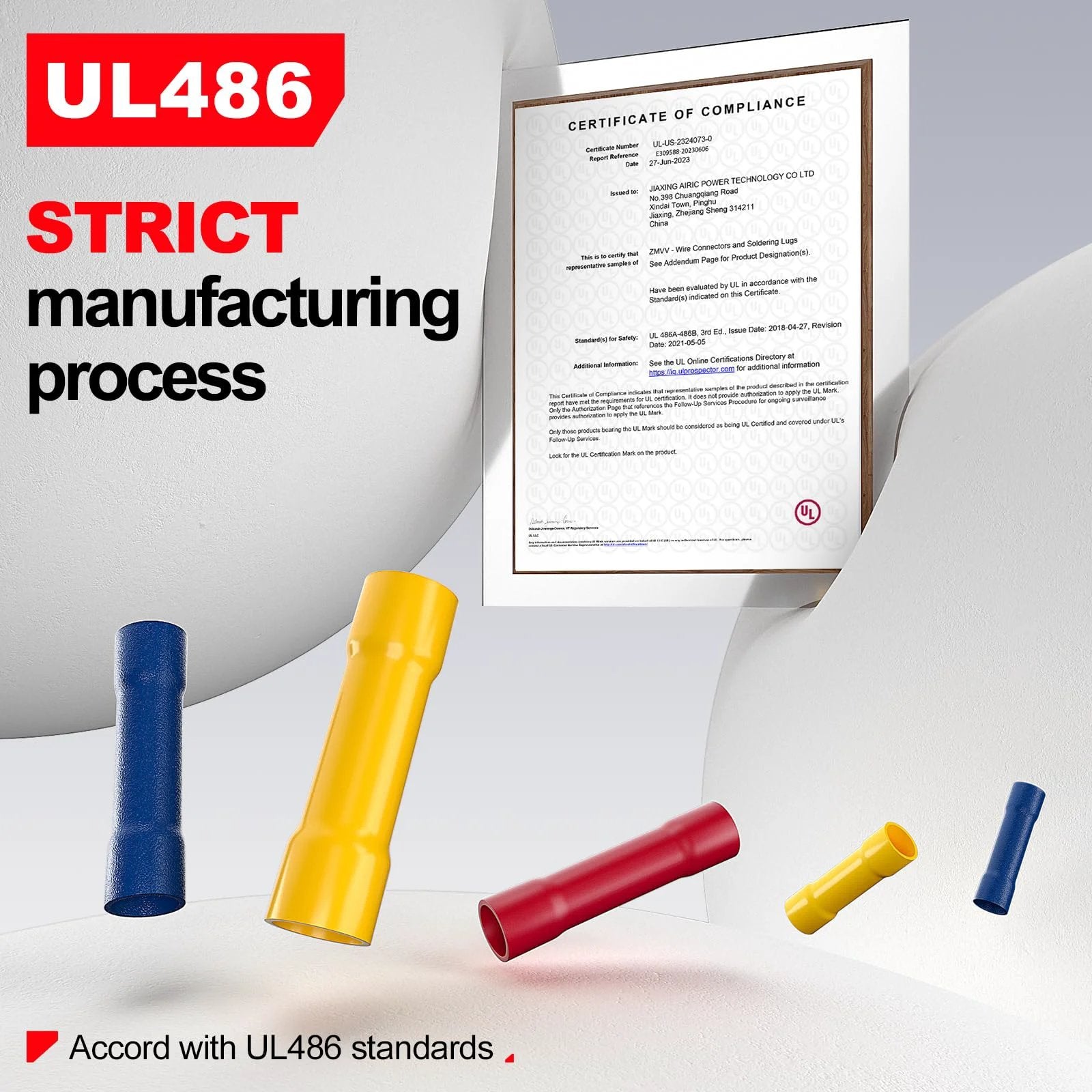 UL Listed 200 Piece Wire Butt Splice Connectors Kit for 22 To 10 AWG Electrical Crimp Terminals shown with compliance certificate.