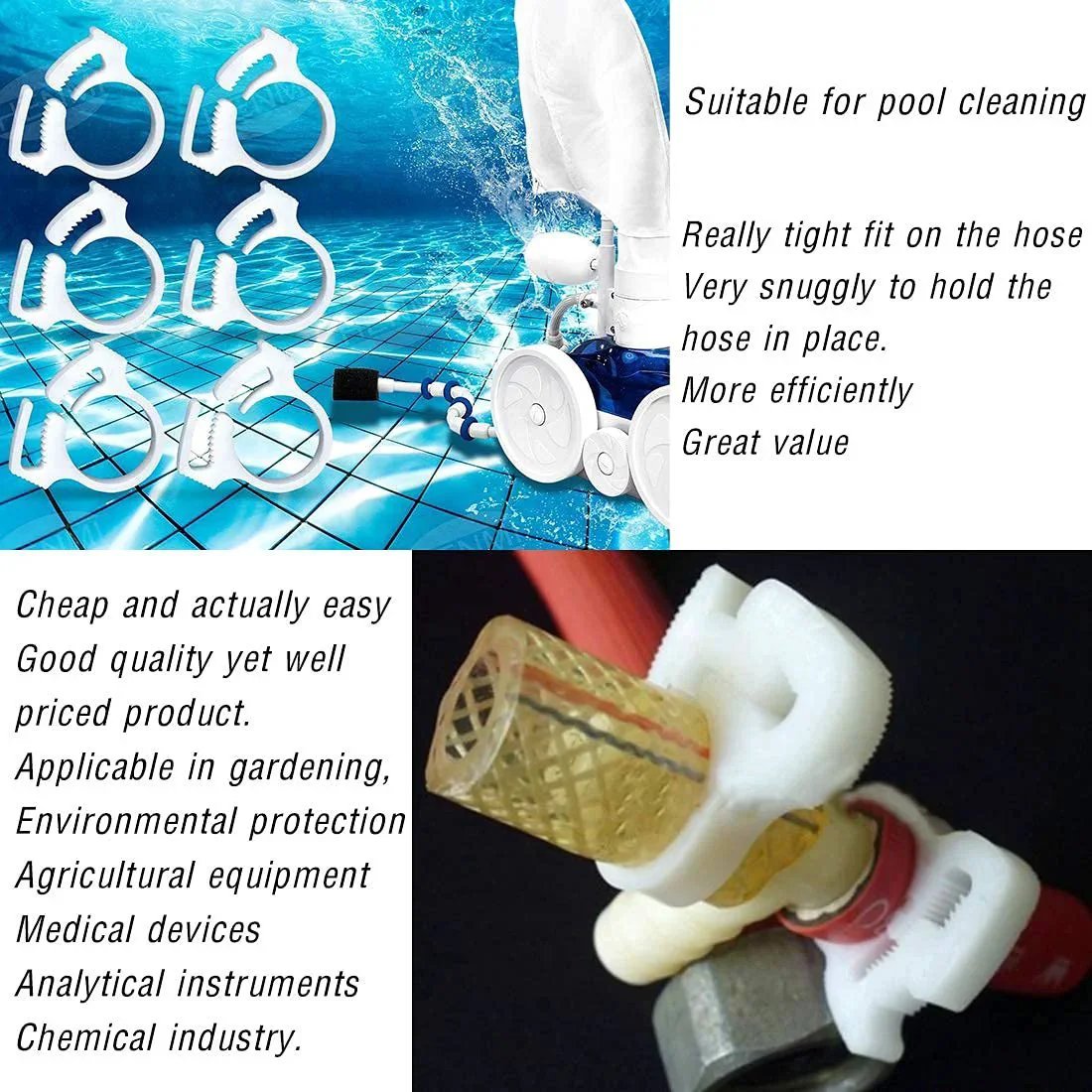 Heavy Duty Nylon Hose Clamps Set With Double Snap Grip And Ratcheting Adjustment 50 Pack Includes One Quarter Inch Five Sixteenth Inch One Half Inch Five Eighth Inch And One Inch Sizes For Secure Fastening Reusable And Easy To Install, shown with pool cleaning equipment and installed on a garden hose.