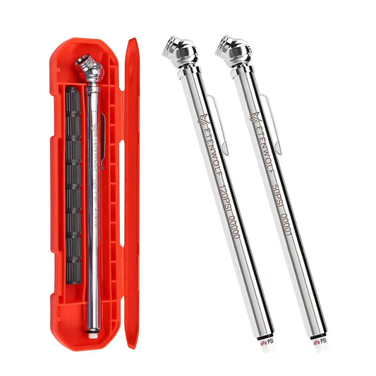 Pencil Tire Pressure Gauge Set Two Pack With 16 Tire Caps And Dual Ranges 10 To 50 PSI And 20 To 120 PSI Stainless Steel Body in case.
