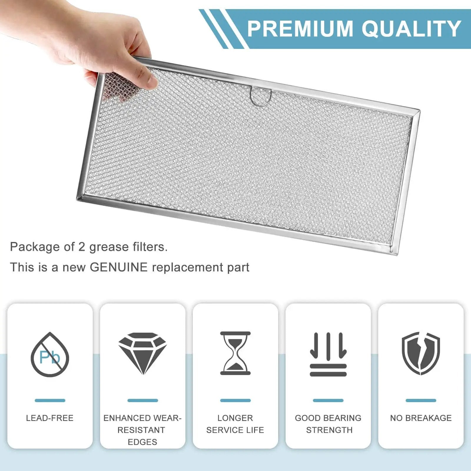 Hand holding JennAir Downdraft Range Hood Grease Filter 71002111 Aluminum Mesh Replacement 2 Pack Compatible With WP71002111