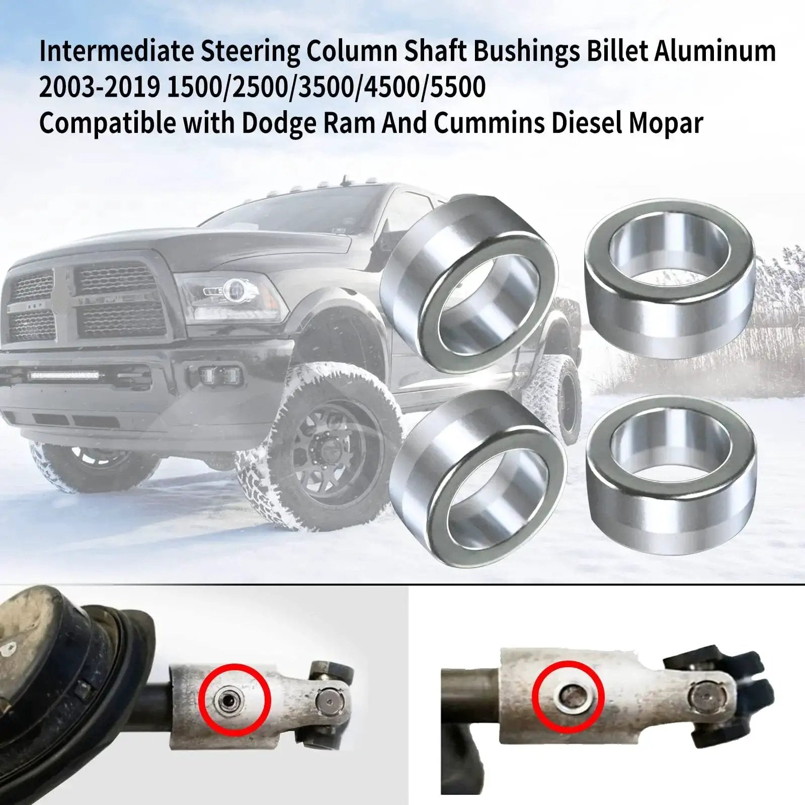 4 Pack Billet Aluminum Steering Shaft Bushings For Dodge Ram Cummins Mopar shown with installation view