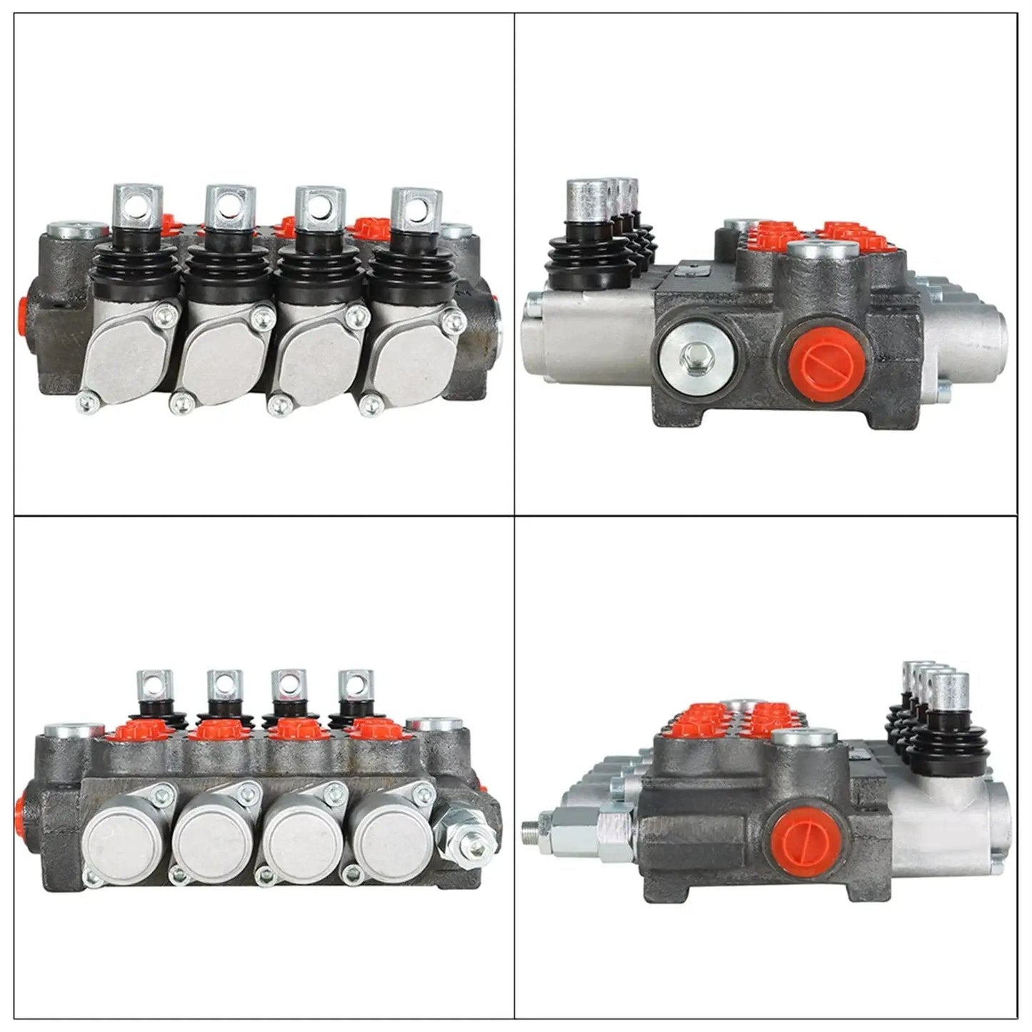Four Spool Hydraulic Control Valve with 11 GPM Flow, 3600 PSI Max, BSPP Interface, heavy duty cast iron construction, multiple angles