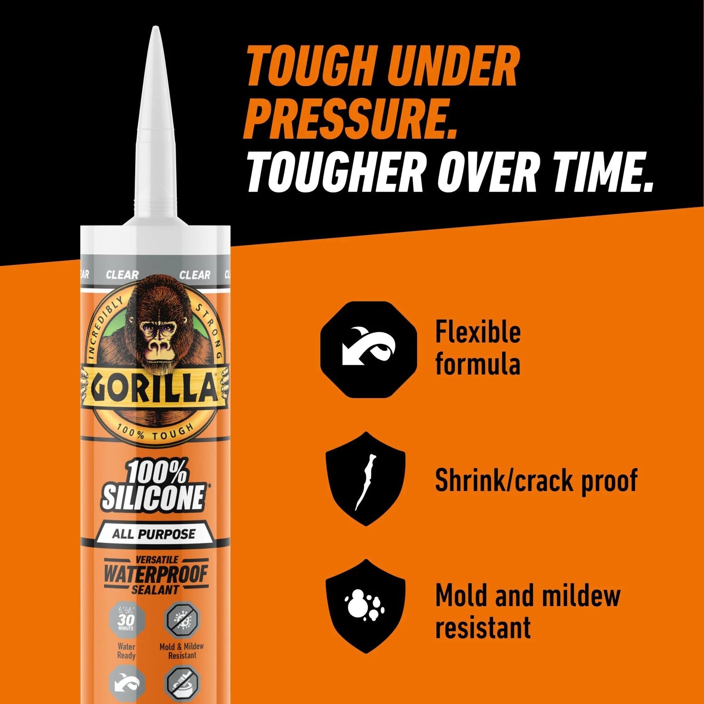 Image of All Purpose Silicone Sealant For Indoor Outdoor Use 100 Percent Waterproof 10 Oz Cartridge Clear Fast Cure In 30 Minutes DIY Friendly Home Repair Must Have For Showers Sinks Windows Doors Gutters And Vents Gorilla Brand with text highlighting flexible formula, shrink/crack proof, mold and mildew resistant.
