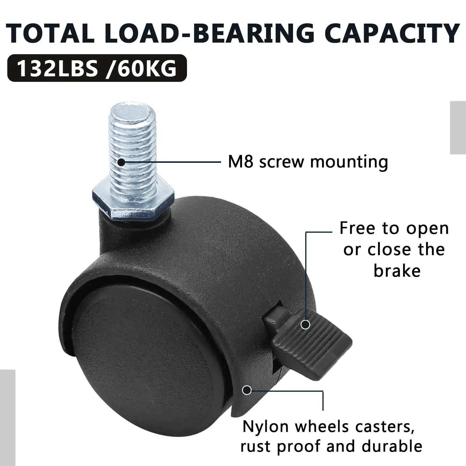 Close-up of Best Value 2 Inch Black Plastic Stem Casters with M8 threaded nylon wheels, brake, and 132lb capacity for carts and workbenches.