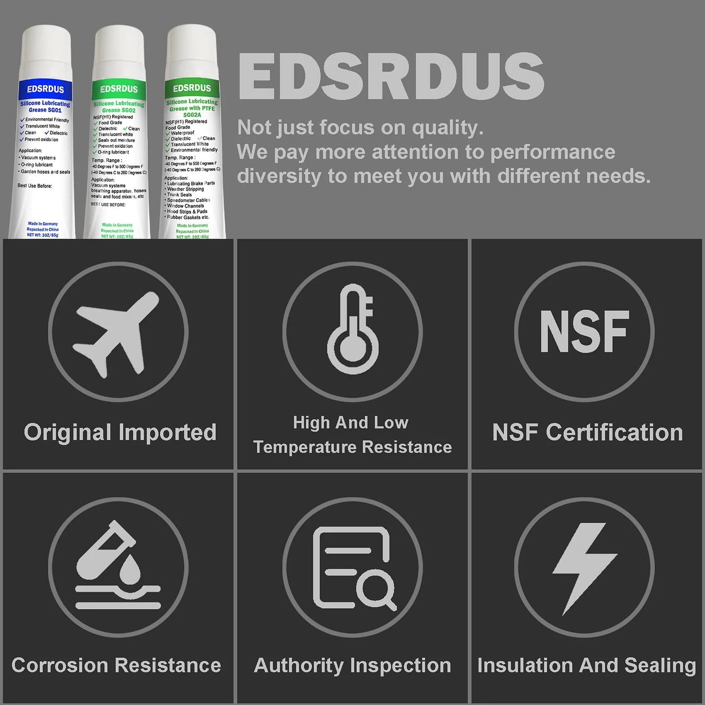 Product packaging of Silicone High Dielectric Grease For Electrical Connectors O Rings And Valves Waterproof Insulation Lubricant 3 Oz Heavy Duty Non Toxic Odorless Safe For Plastics And Rubbers By EDSRDUS with quality and performance features depicted.