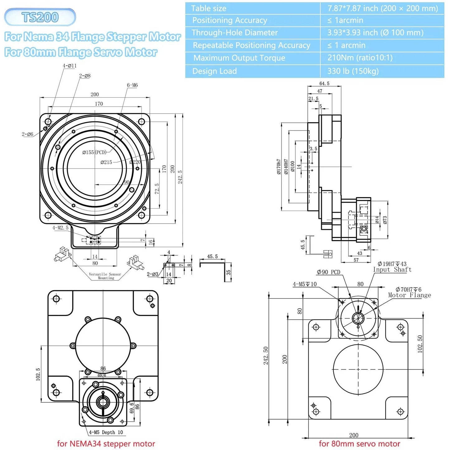 Technical drawings of Top Notch Hollow Rotary Platform Positioner Actuator with 360 Degree Indexing Table, CNC ready.