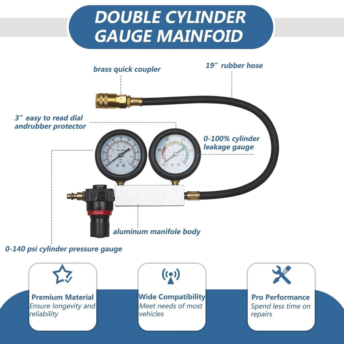 Cylinder Leak Down Tester Kit With Dual Gauge For Pressure Check And Leakage Rate Testing On Gasoline Engines Includes Universal Push On Connectors Threaded Adapters Extension Rods And Hoses, showing double gauge manifold with brass coupler, rubber hose, and aluminum body.