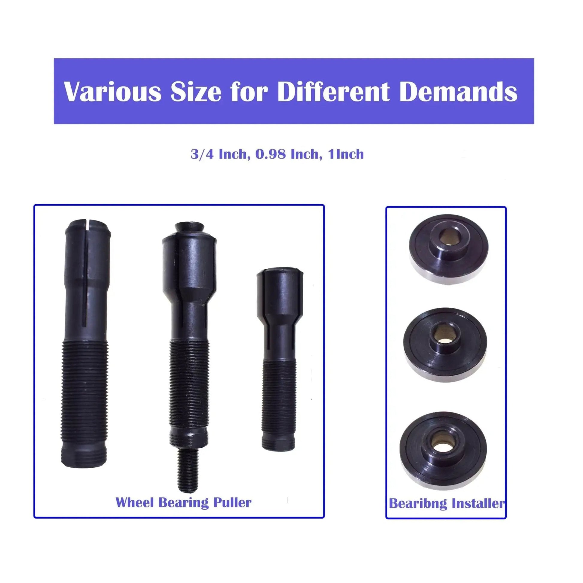 Motorcycle Wheel Bearing Removal And Installation Kit For Harley-Davidson Three Quarters Inch, 1 Inch, And 25mm Bearings, parts shown