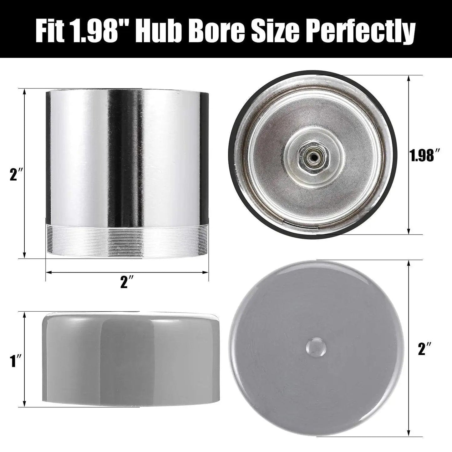 1.98 Inch Bearing Protectors With Chromed Protective Bras For Trailer Wheels, Universal Fit 2 Pack showing dimensions and build