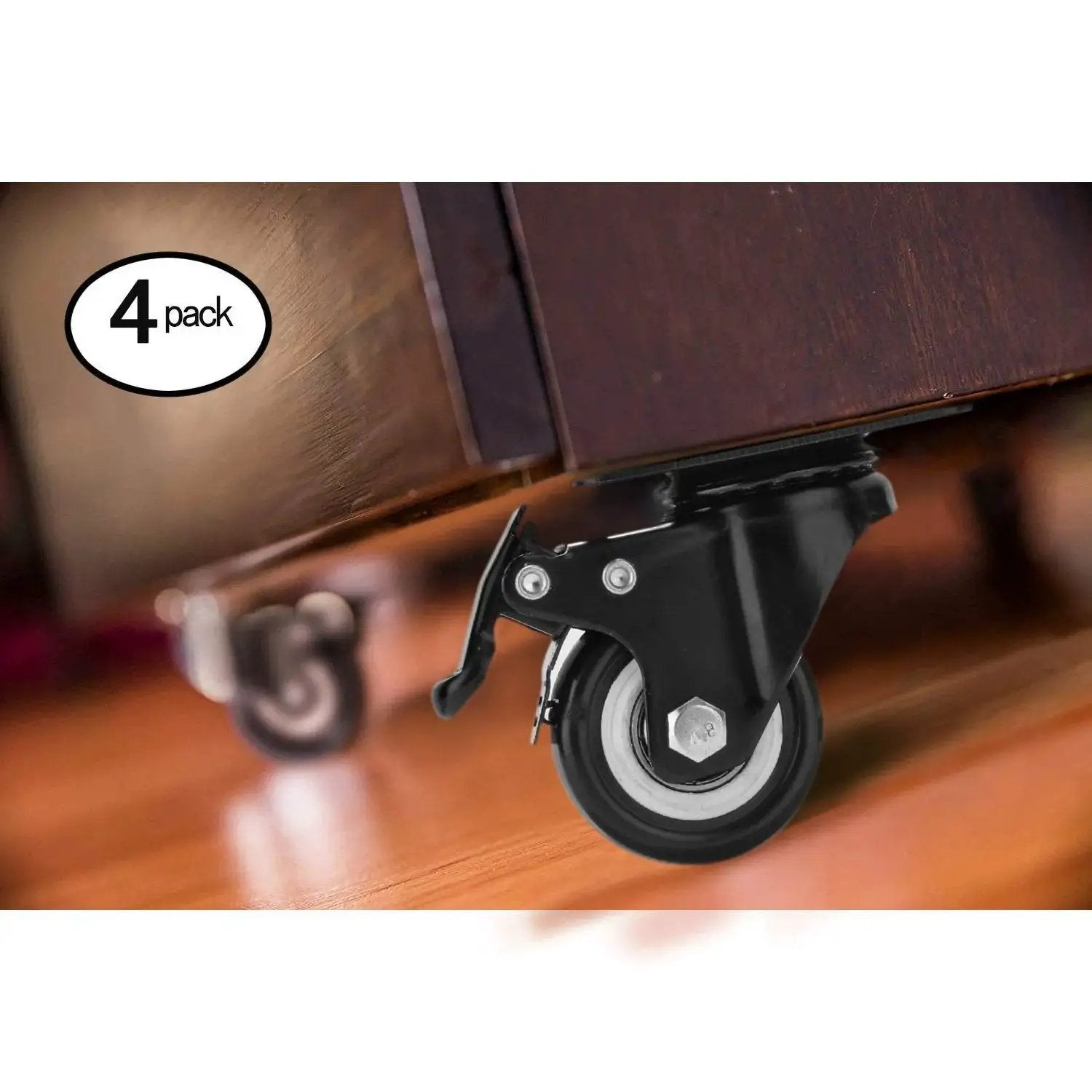 2 Inch Caster Wheels Set Of 4 With 360 Degree Swivel And Brakes, installed on wooden furniture for mobility and shock absorption