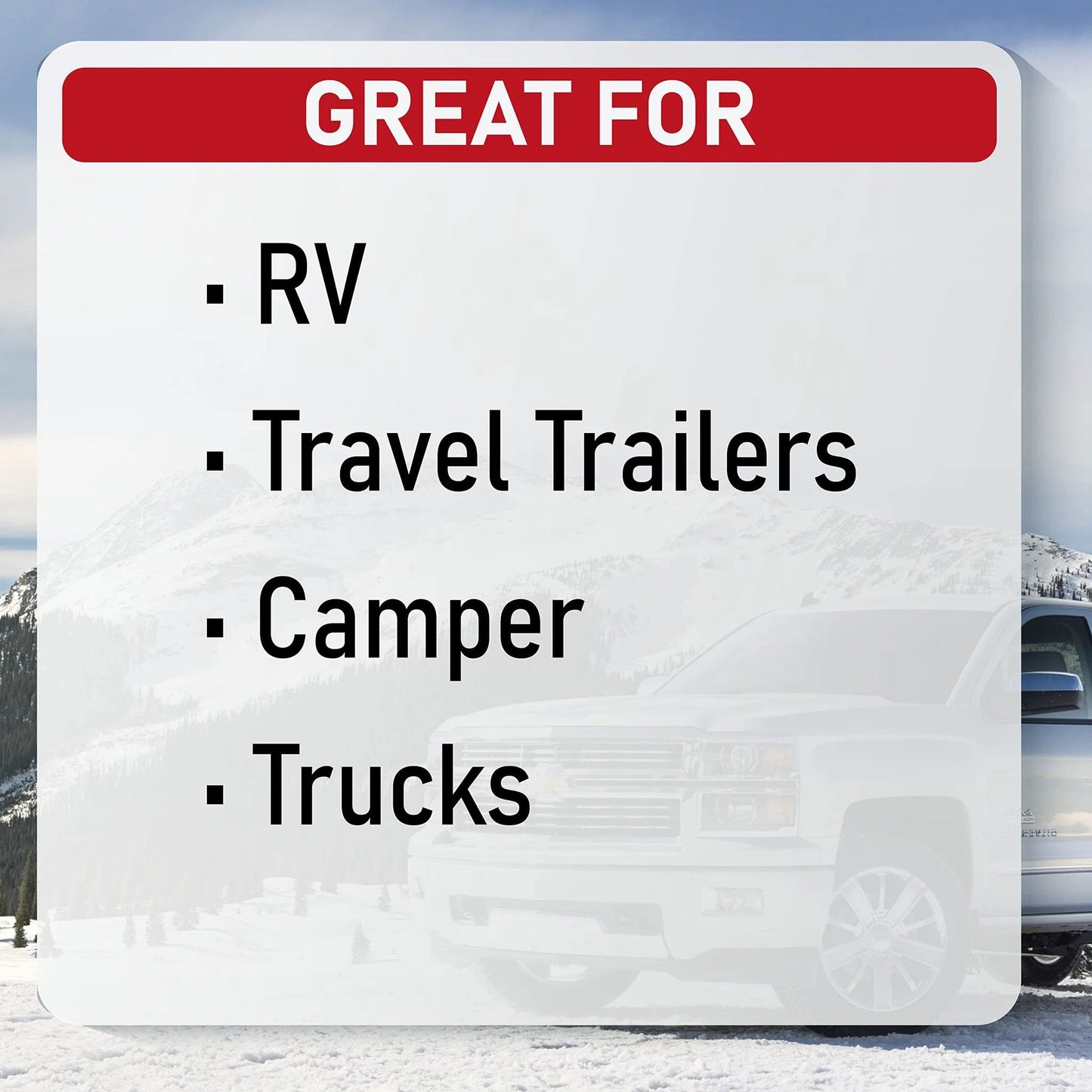 Sign listing RV, Travel Trailers, Camper, Trucks, with text "Great For" over a scenic mountain background.