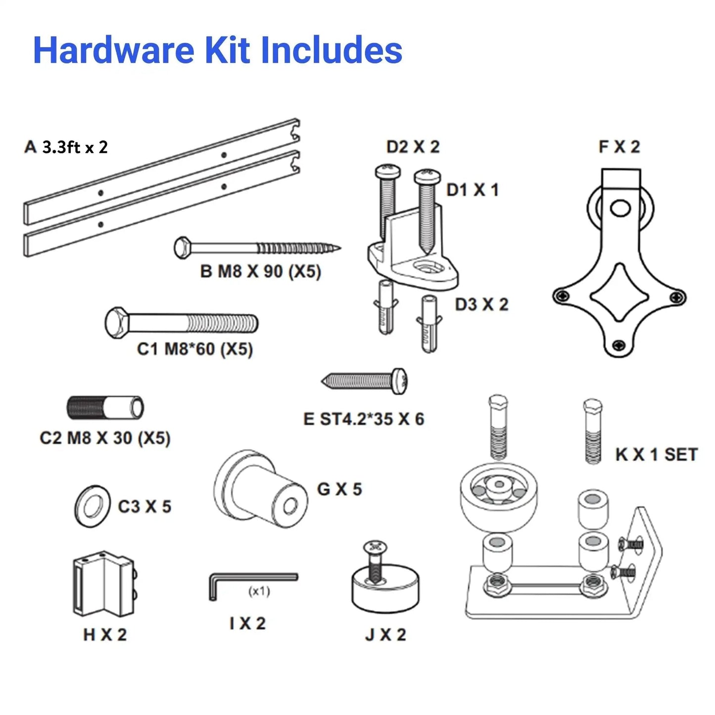 Heavy Duty Barn Door Hardware Kit With Handle For Smooth Sliding Doors Includes Track Rails And Rollers Durable Single Or Double Barn Door Assembly Black Finish Easy To Install Suitable For DIYers And Professionals diagram with kit contents labeled.