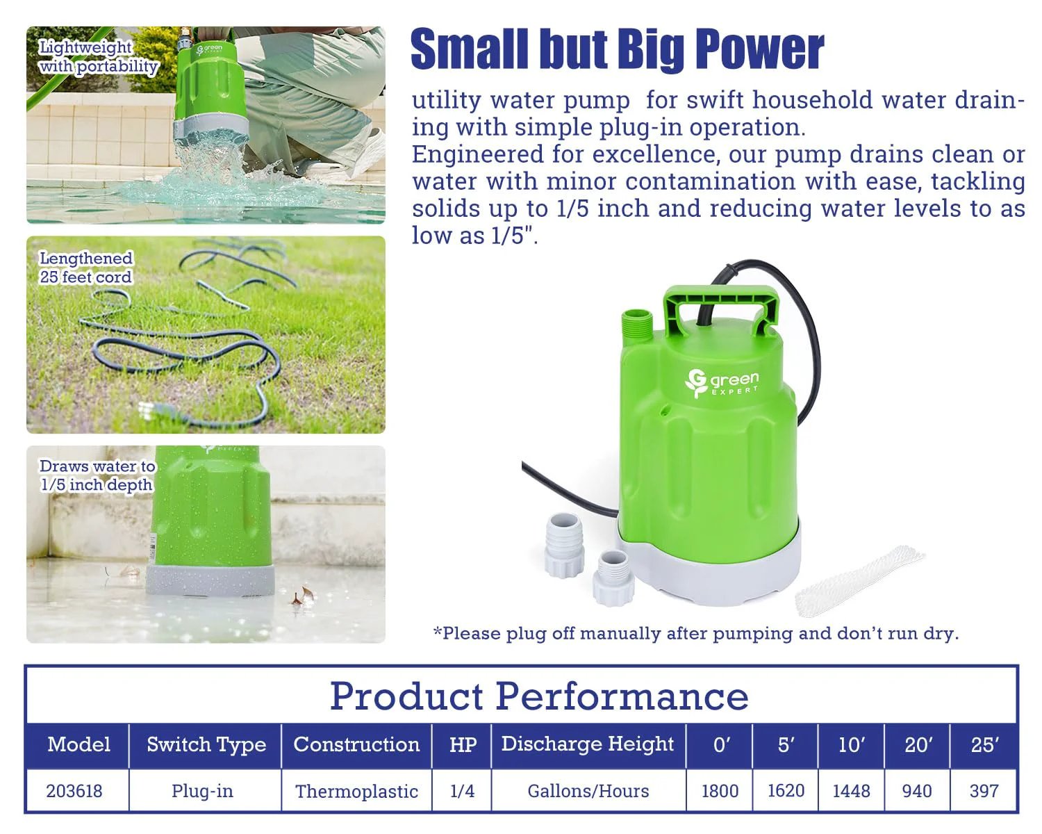 Green Expert submersible sump pump for fast water removal, 1/4 HP, 1800 GPH, 25ft power cord, suitable for pools, spas, basements.
